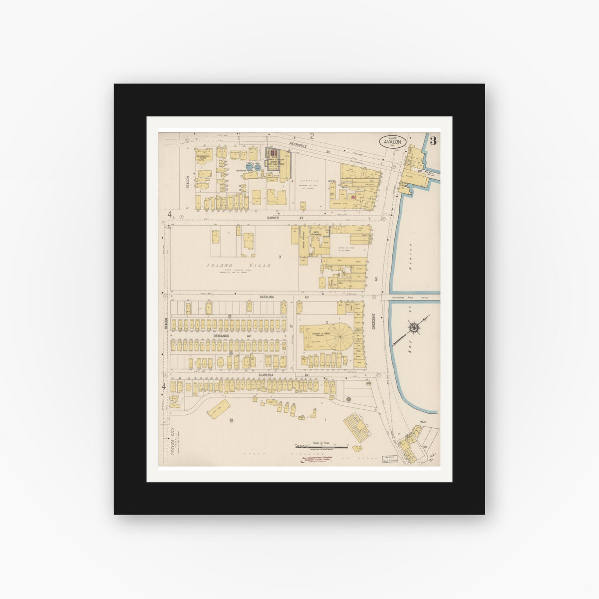Old map wall art mockup — black gallery frame with white mat — Sanborn Fire Insurance Map from Avalon, Los Angeles County, California (1919), Sheet #0003