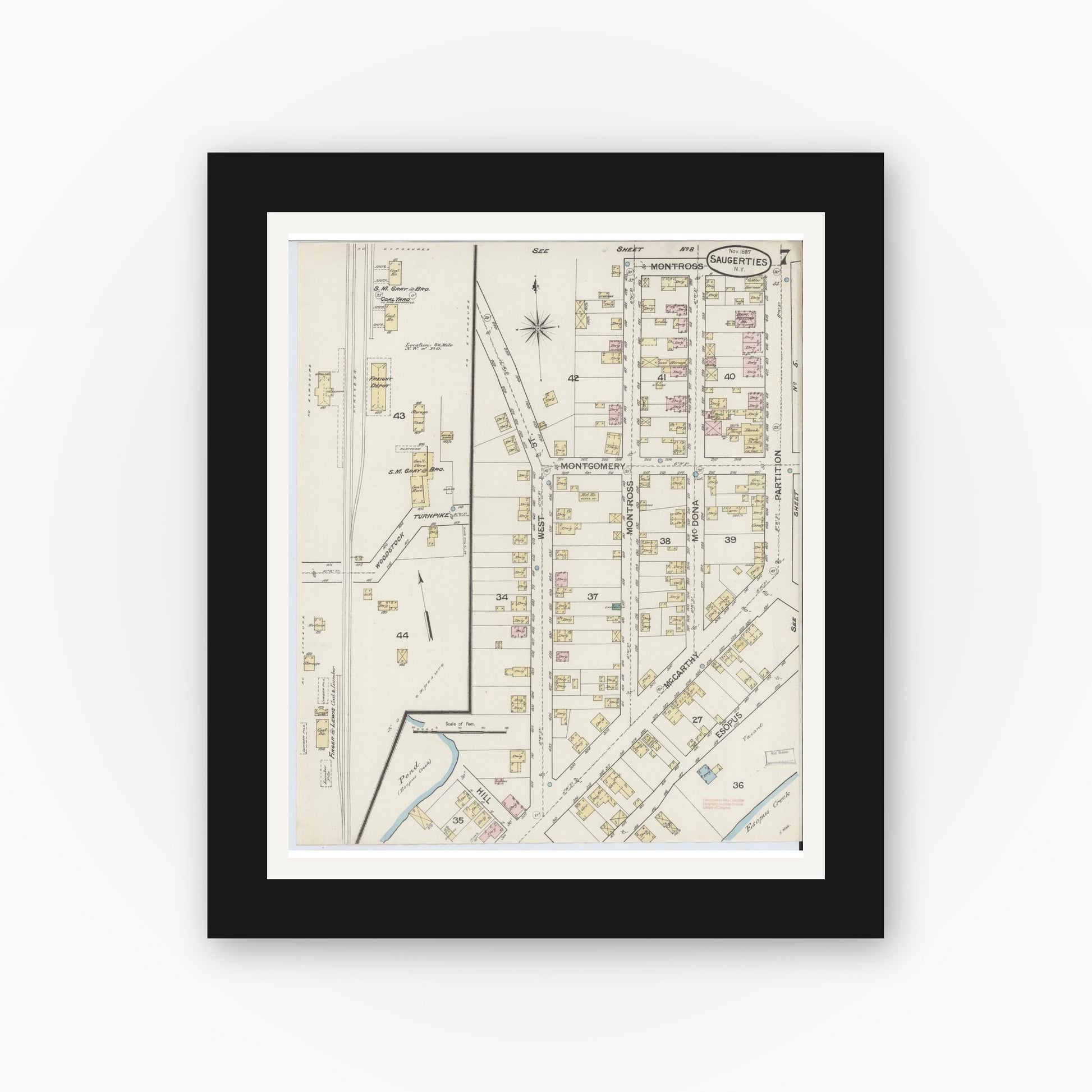 Old map wall art mockup — black gallery frame with white mat — Sanborn Fire Insurance Map from Saugerties, Ulster County, New York (1887), Sheet #0007