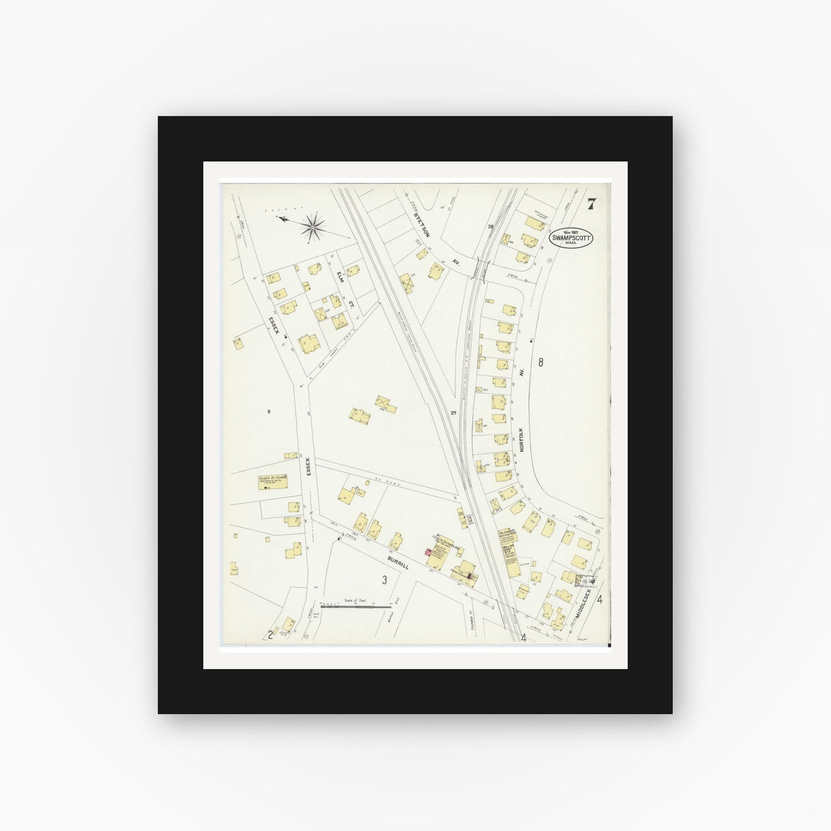 Old map wall art mockup — black gallery frame with white mat — Sanborn Fire Insurance Map from Swampscott, Essex County, Massachusetts (1907), Sheet #0007