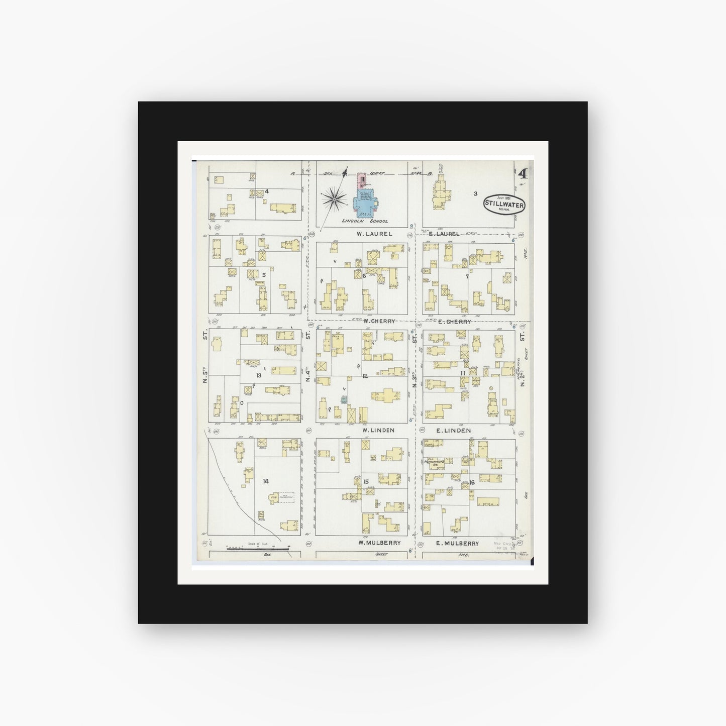 Old map wall art mockup — black gallery frame with white mat — Sanborn Fire Insurance Map from Stillwater, Washington County, Minnesota (1891), Sheet #0004