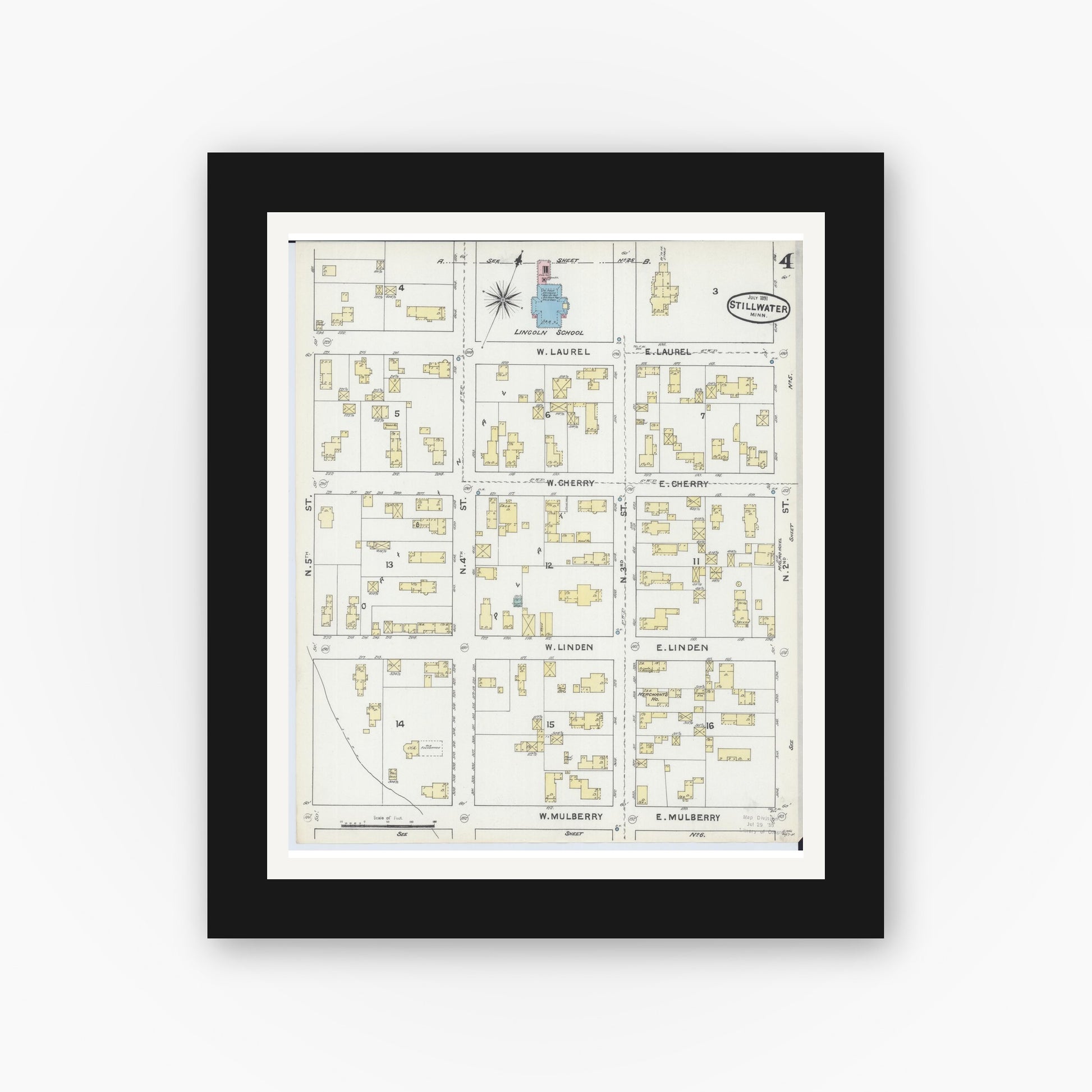Old map wall art mockup — black gallery frame with white mat — Sanborn Fire Insurance Map from Stillwater, Washington County, Minnesota (1891), Sheet #0004