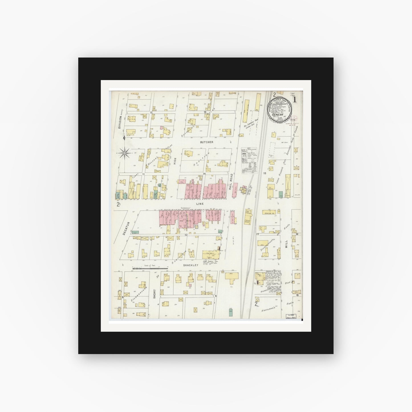 Old map wall art mockup — black gallery frame with white mat — Sanborn Fire Insurance Map from Geneva, Adams County, Indiana (1896) - Complete Map Set