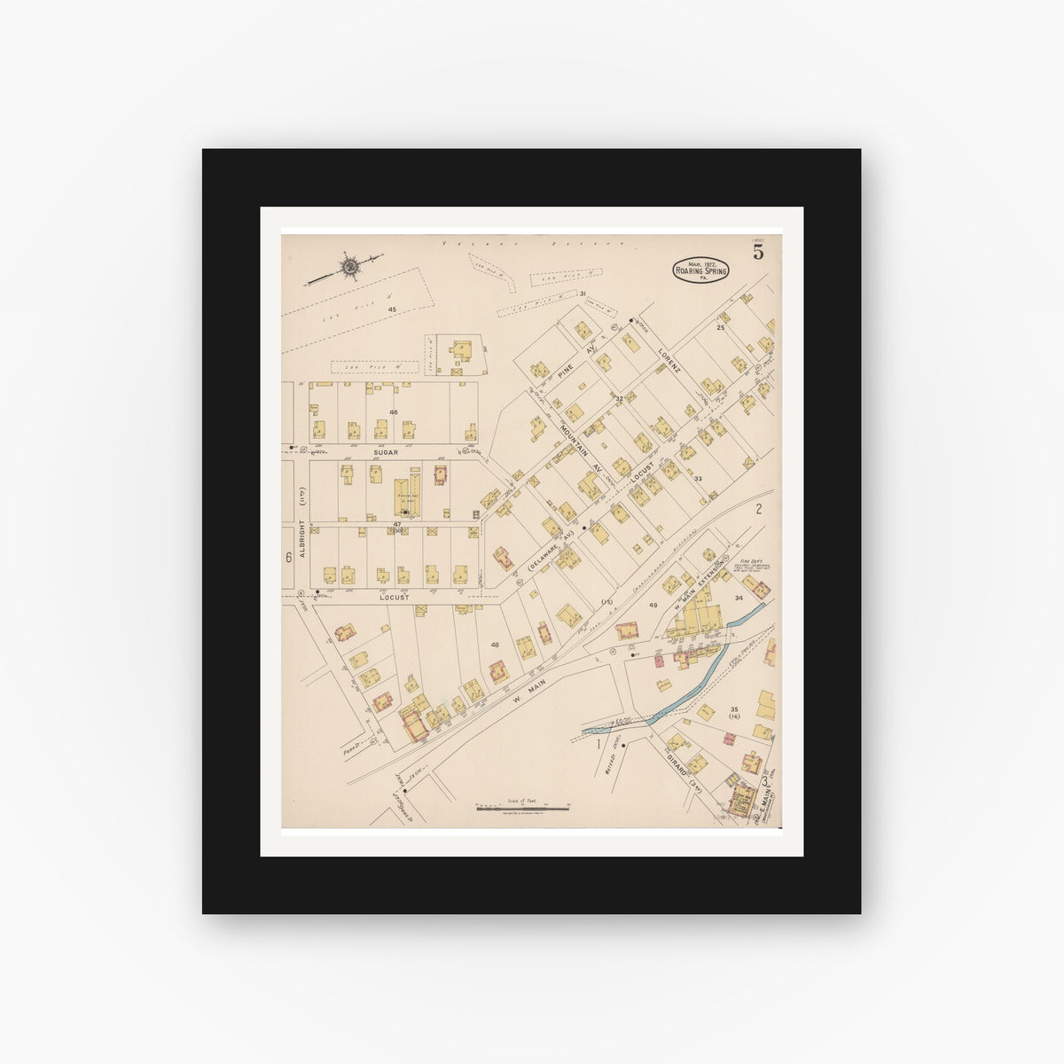 Old map wall art mockup — black gallery frame with white mat — Sanborn Fire Insurance Map from Roaring Spring, Blair County, Pennsylvania (1922), Sheet #0005