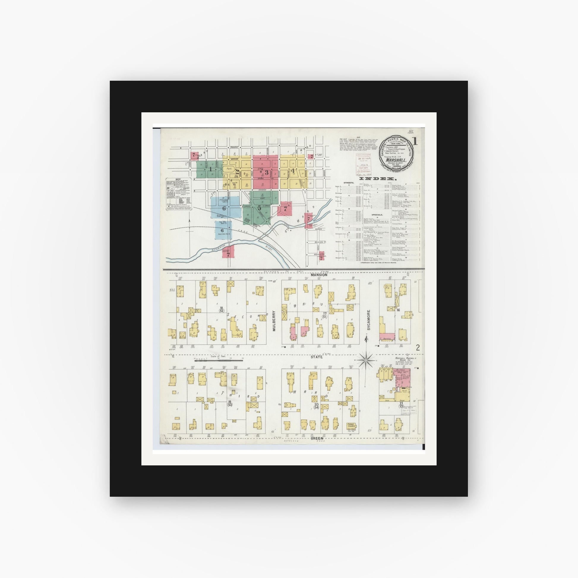 Old map wall art mockup — black gallery frame with white mat — Sanborn Fire Insurance Map from Marshall, Calhoun County, Michigan (1899) - Complete Map Set