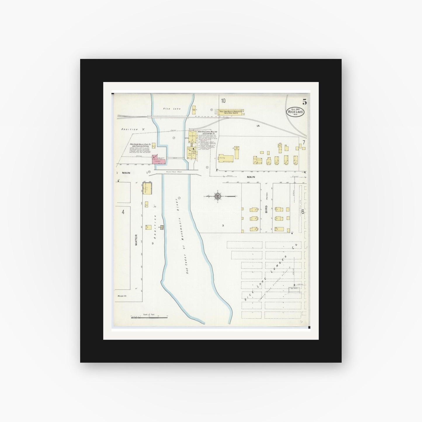Old map wall art mockup — black gallery frame with white mat — Sanborn Fire Insurance Map from Rice Lake, Barron County, Wisconsin (1909), Sheet #0005