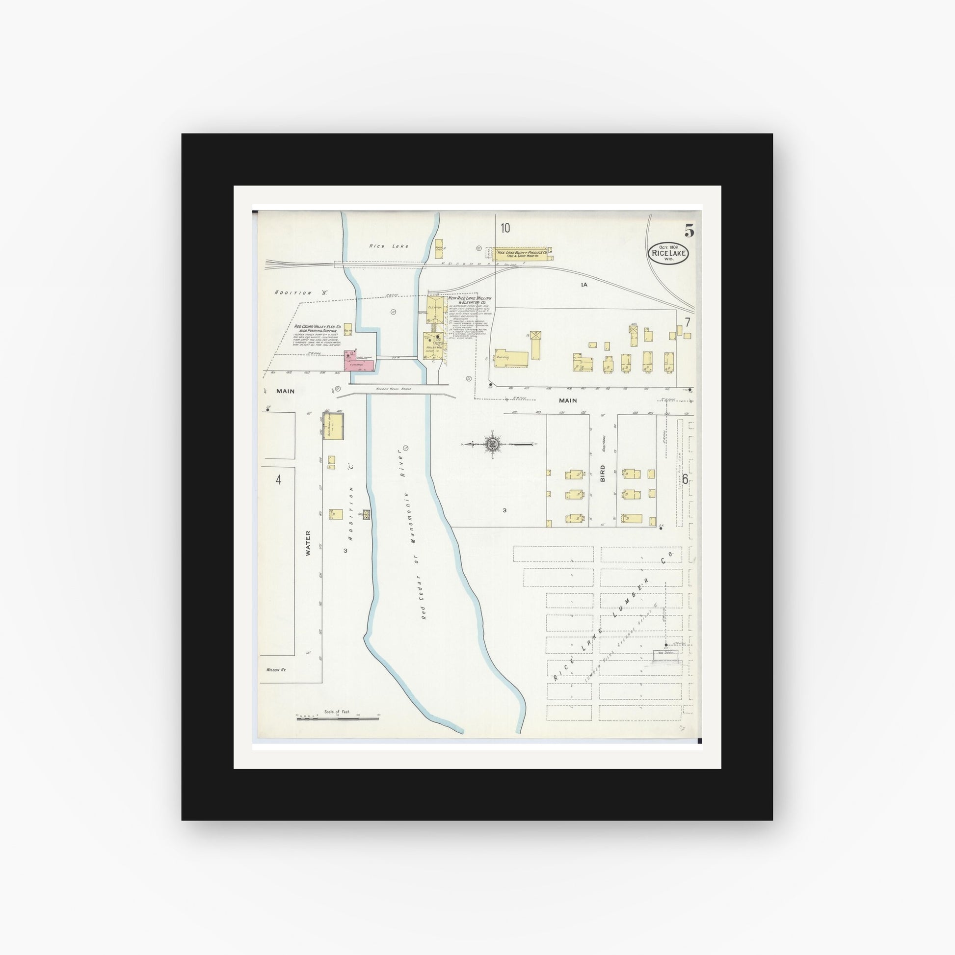 Old map wall art mockup — black gallery frame with white mat — Sanborn Fire Insurance Map from Rice Lake, Barron County, Wisconsin (1909), Sheet #0005