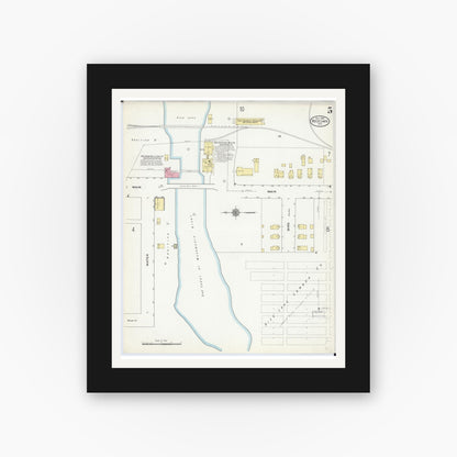 Old map wall art mockup — black gallery frame with white mat — Sanborn Fire Insurance Map from Rice Lake, Barron County, Wisconsin (1909), Sheet #0005