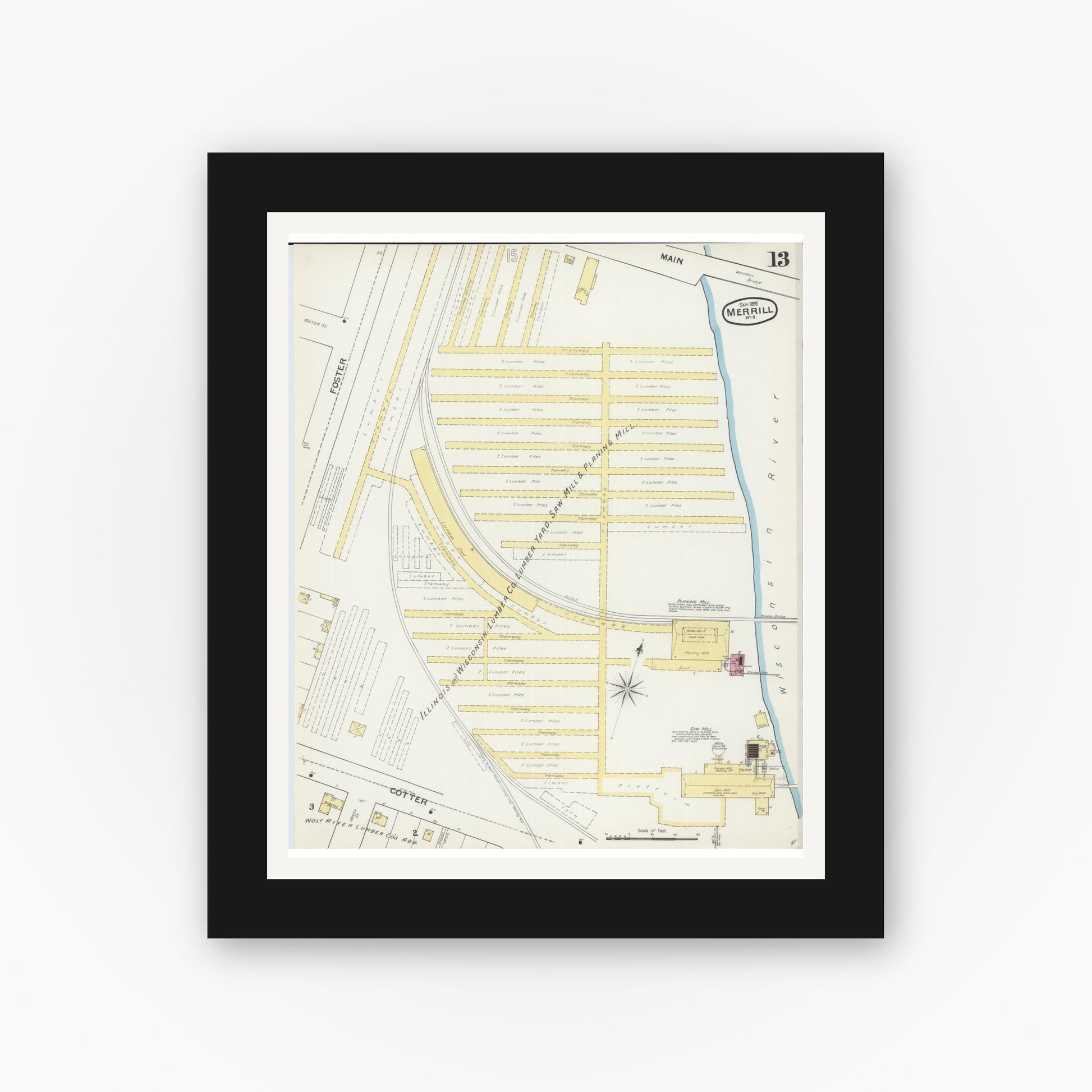 Old map wall art mockup — black gallery frame with white mat — Sanborn Fire Insurance Map from Merrill, Lincoln County, Wisconsin (1892), Sheet #0013