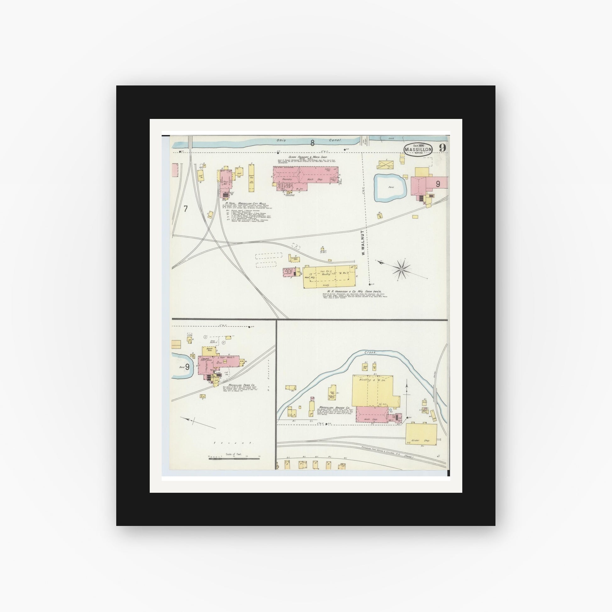 Old map wall art mockup — black gallery frame with white mat — Sanborn Fire Insurance Map from Massillon, Stark County, Ohio (1896), Sheet #0009