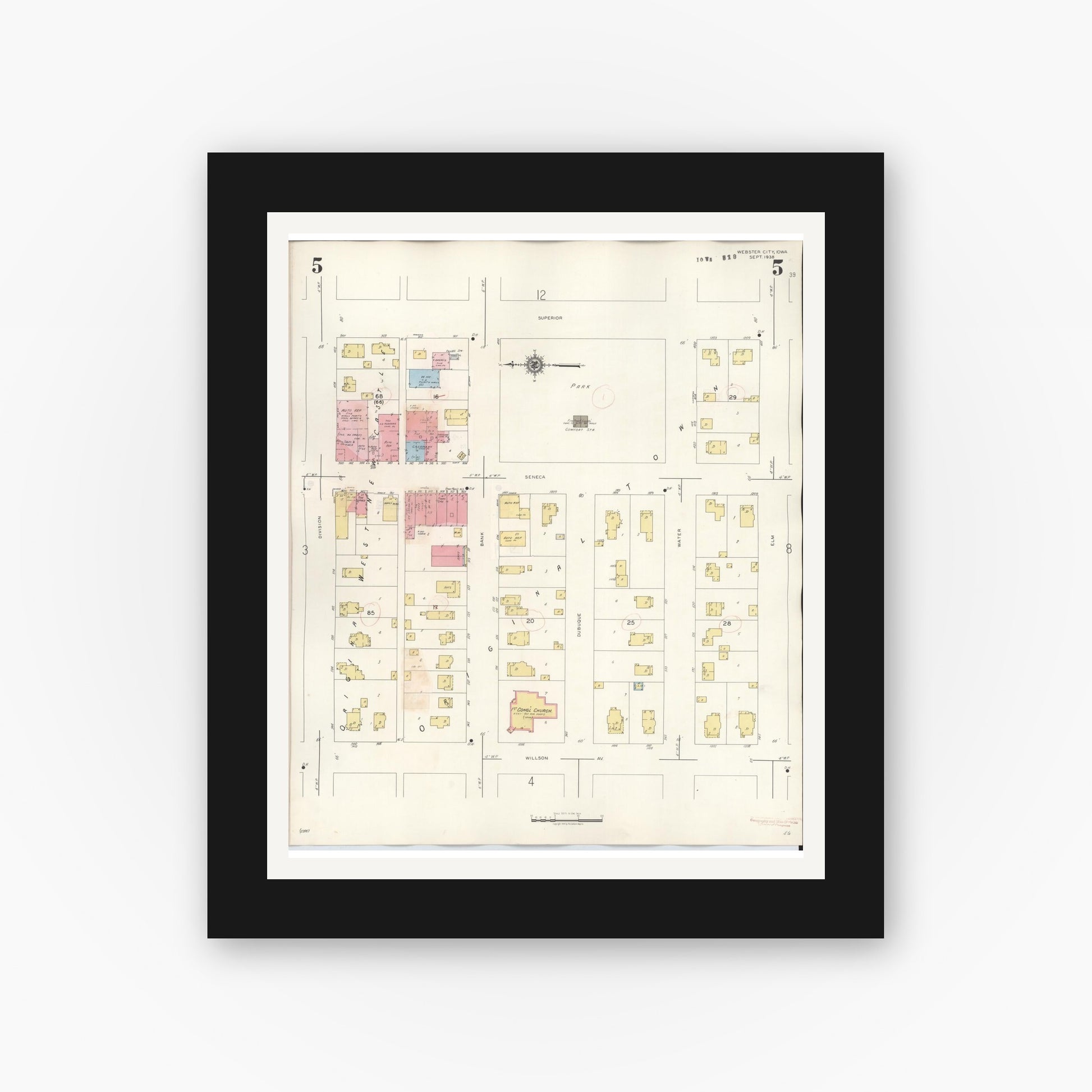 Old map wall art mockup — black gallery frame with white mat — Sanborn Fire Insurance Map from Webster City, Hamilton County, Iowa (1950), Sheet #0005