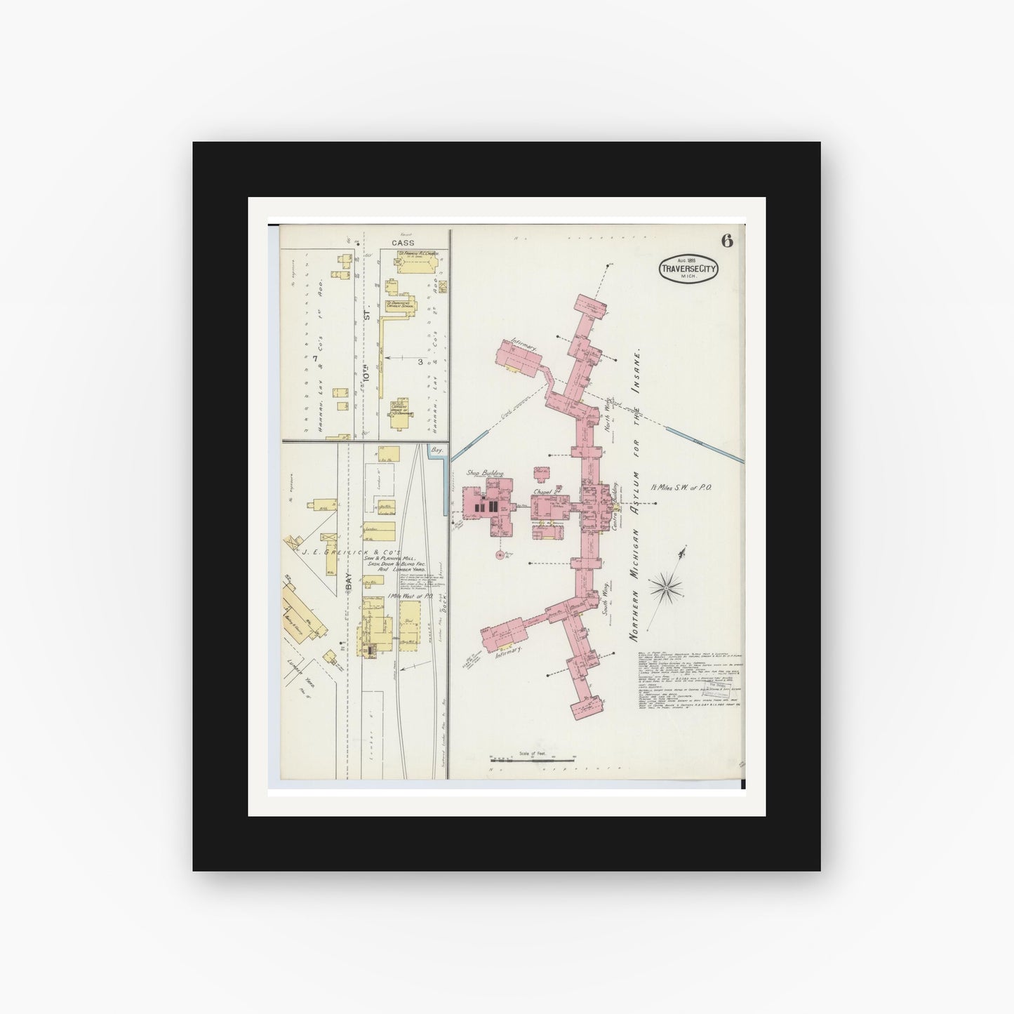 Old map wall art mockup — black gallery frame with white mat — Sanborn Fire Insurance Map from Traverse City, Grand Traverse County, Michigan (1893), Sheet #0006