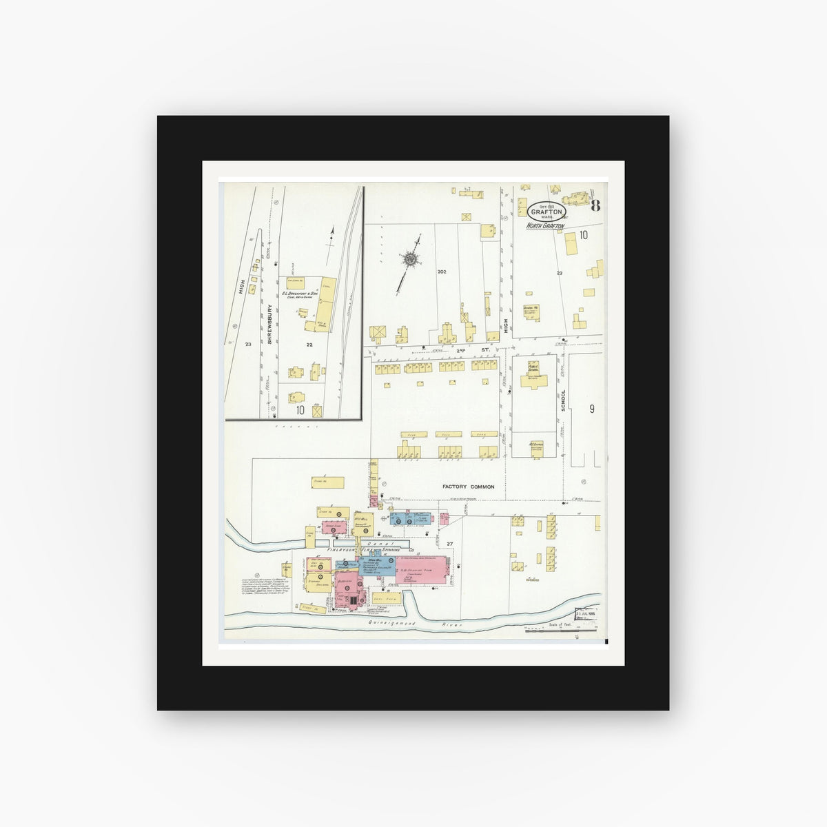 Old map wall art mockup — black gallery frame with white mat — Sanborn Fire Insurance Map from Grafton, Worcester County, Massachusetts (1910), Sheet #0008