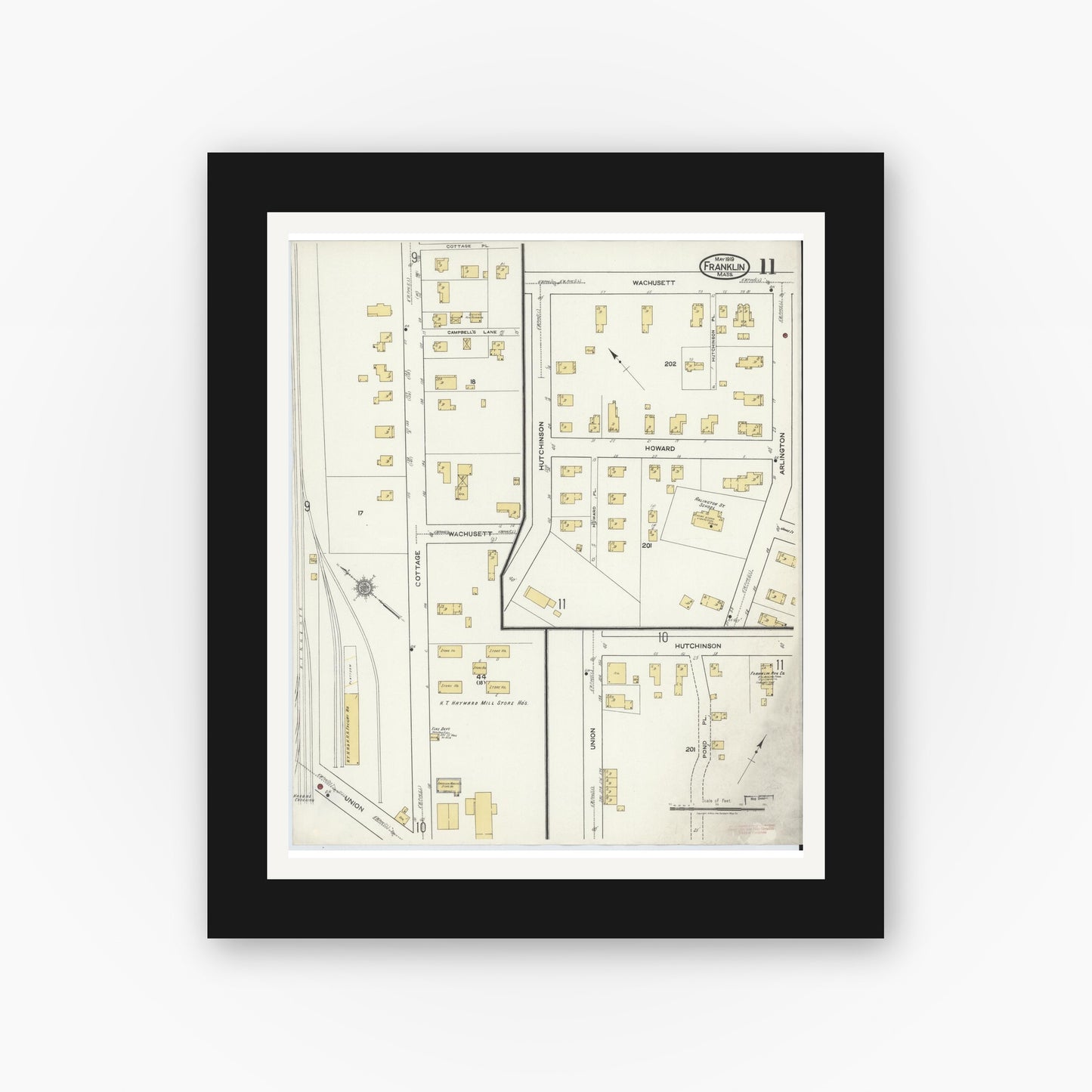 Old map wall art mockup — black gallery frame with white mat — Sanborn Fire Insurance Map from Franklin, Norfolk County, Massachusetts (1919), Sheet #0011