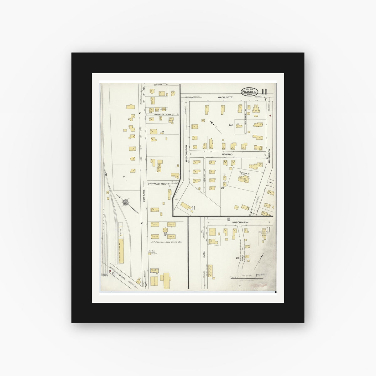 Old map wall art mockup — black gallery frame with white mat — Sanborn Fire Insurance Map from Franklin, Norfolk County, Massachusetts (1919), Sheet #0011
