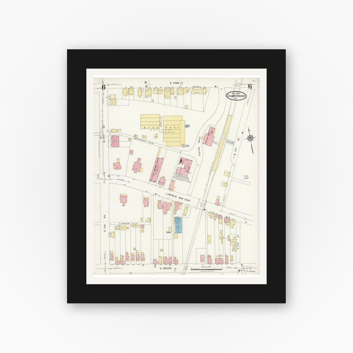 Old map wall art mockup — black gallery frame with white mat — Sanborn Fire Insurance Map from Chambersburg, Franklin County, Pennsylvania (1924), Sheet #0006