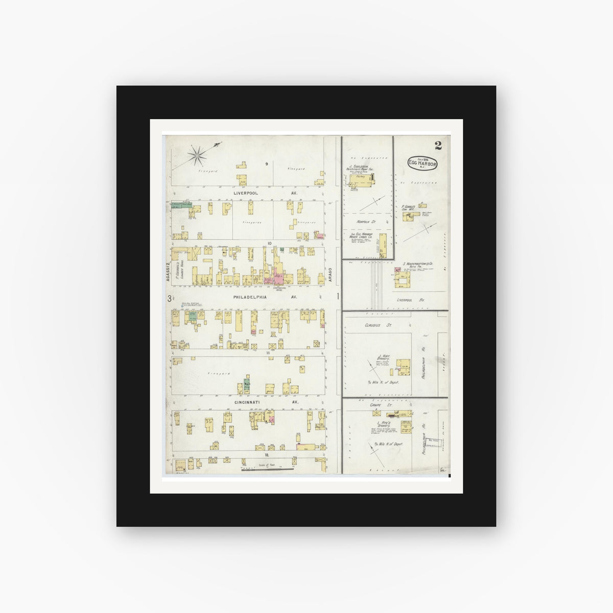 Old map wall art mockup — black gallery frame with white mat — Sanborn Fire Insurance Map from Egg Harbor City, Atlantic County, New Jersey (1896), Sheet #0002