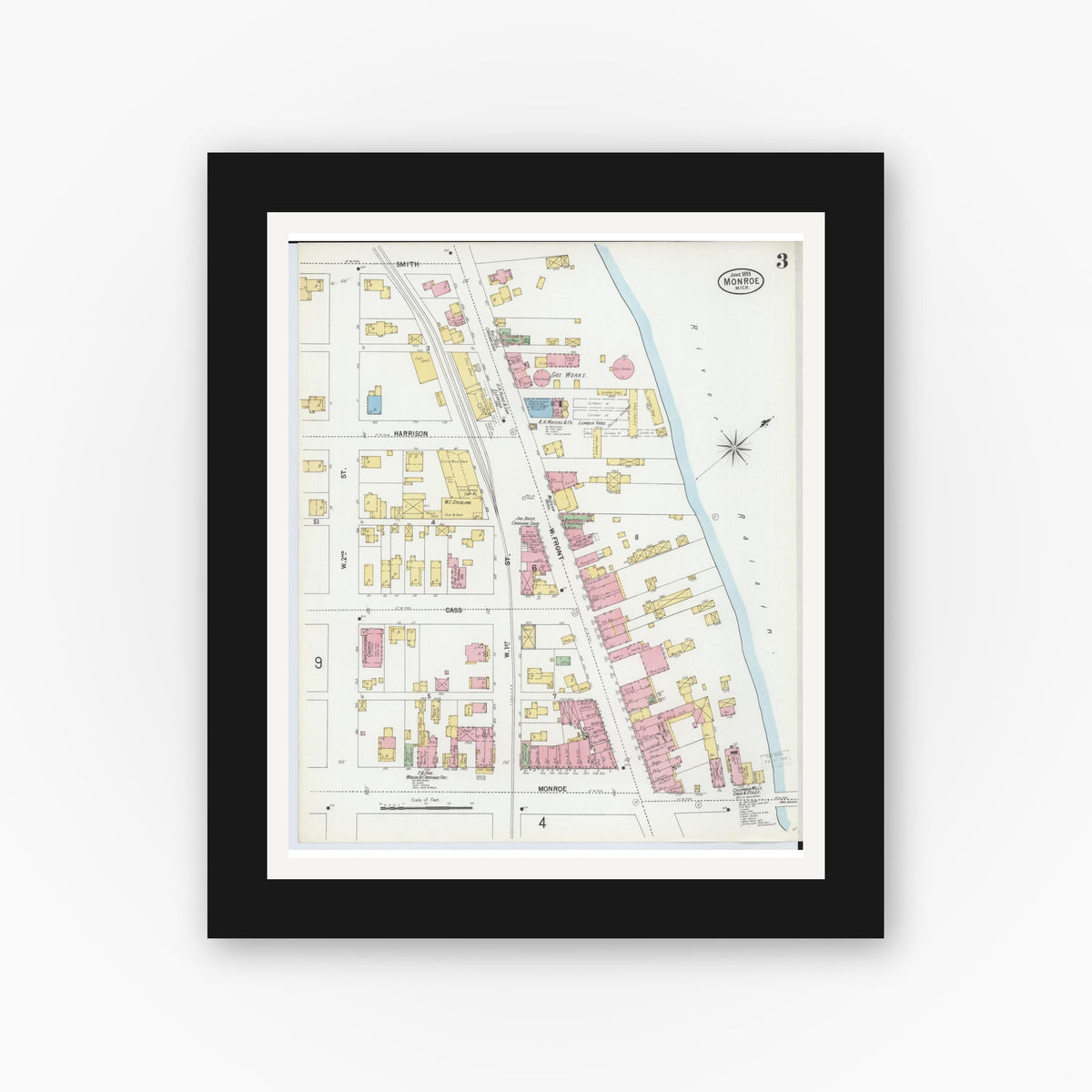 Old map wall art mockup — black gallery frame with white mat — Sanborn Fire Insurance Map from Monroe, Monroe County, Michigan (1899), Sheet #0003