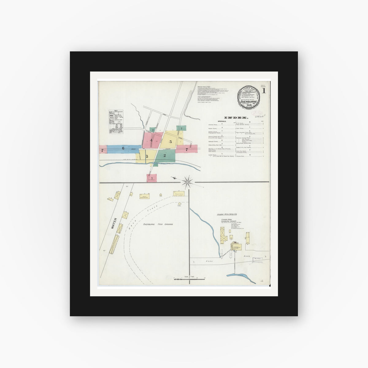 Old map wall art mockup — black gallery frame with white mat — Sanborn Fire Insurance Map from Sherburne, Chenango County, New York (1892) - Complete Map Set