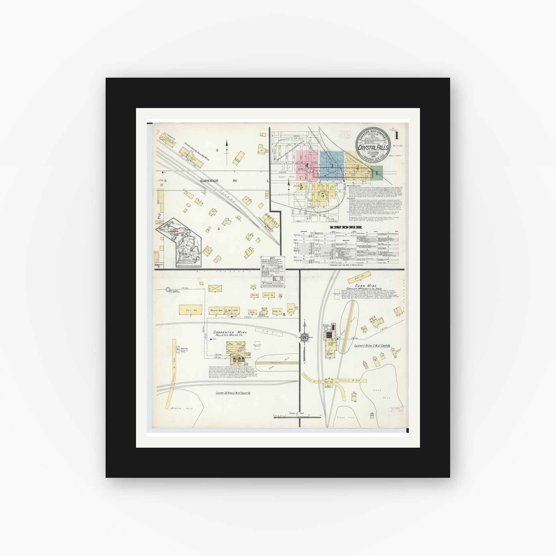 Old map wall art mockup — black gallery frame with white mat — Sanborn Fire Insurance Map from Crystal Falls, Iron County, Michigan (1914), Sheet #0001