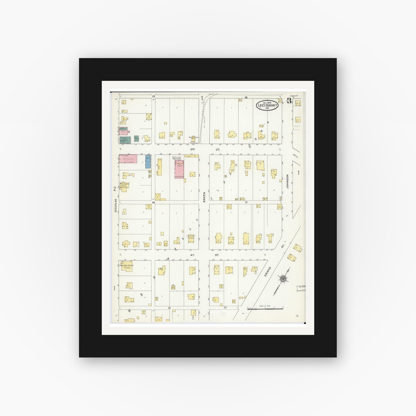Old map wall art mockup — black gallery frame with white mat — Sanborn Fire Insurance Map from Lee's Summit, Jackson County, Missouri (1909), Sheet #0003