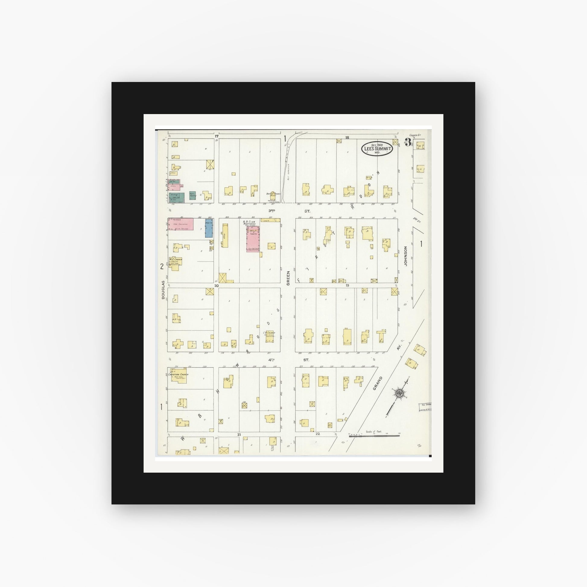 Old map wall art mockup — black gallery frame with white mat — Sanborn Fire Insurance Map from Lee's Summit, Jackson County, Missouri (1909), Sheet #0003