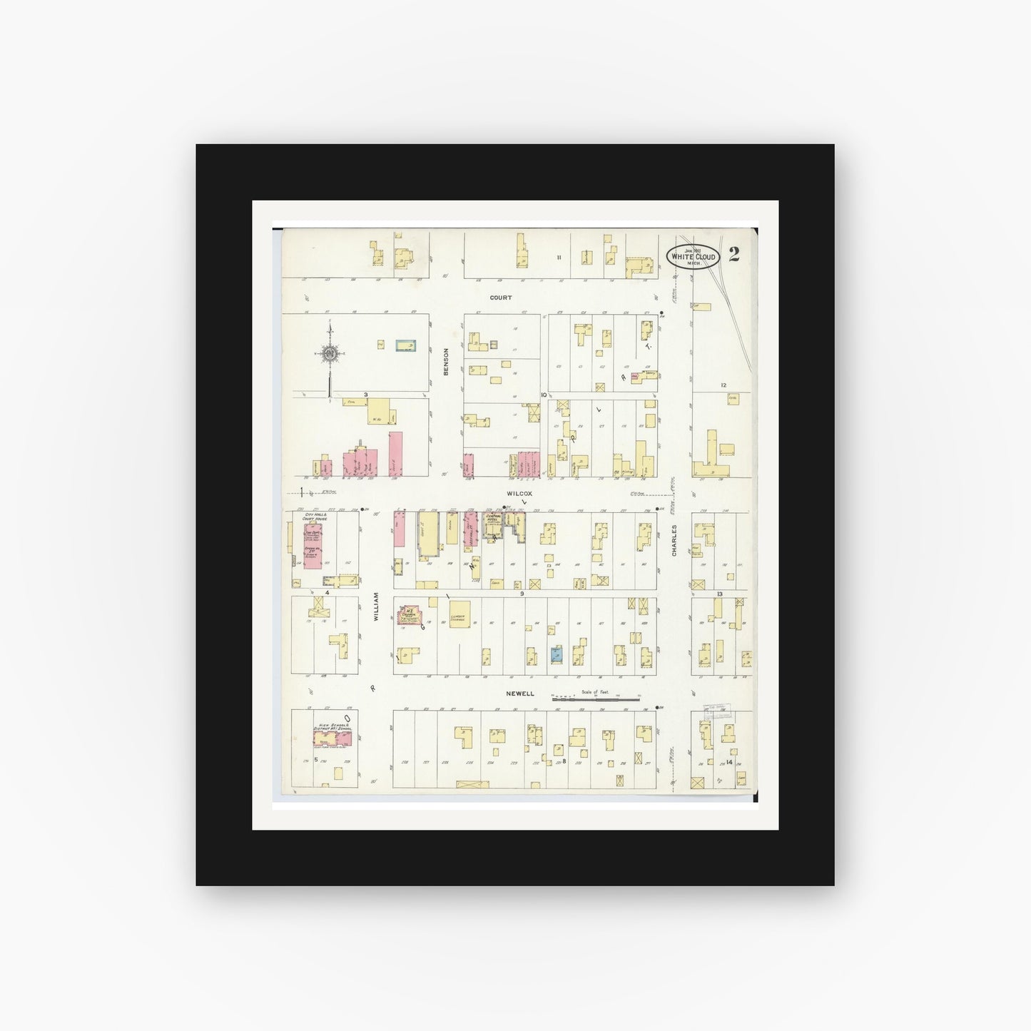 Old map wall art mockup — black gallery frame with white mat — Sanborn Fire Insurance Map from White Cloud, Newaygo County, Michigan (1911), Sheet #0002