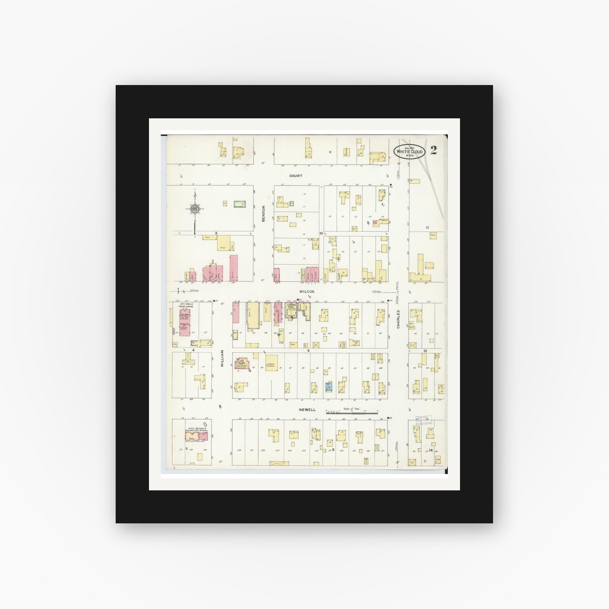 Old map wall art mockup — black gallery frame with white mat — Sanborn Fire Insurance Map from White Cloud, Newaygo County, Michigan (1911), Sheet #0002