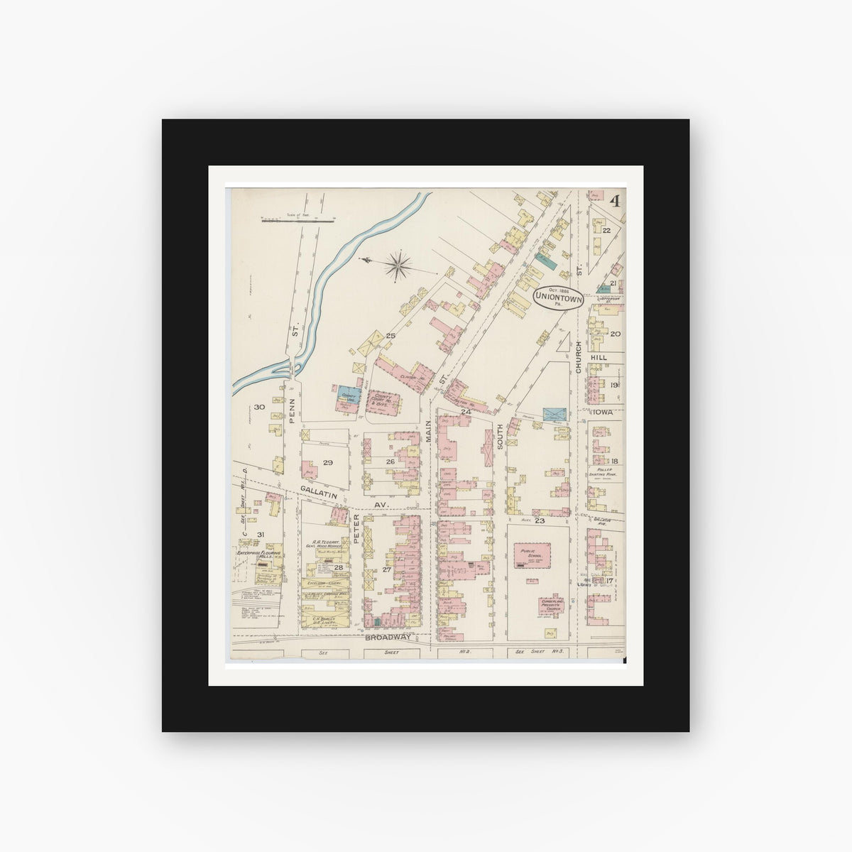 Old map wall art mockup — black gallery frame with white mat — Sanborn Fire Insurance Map from Uniontown, Fayette County, Pennsylvania (1886), Sheet #0004