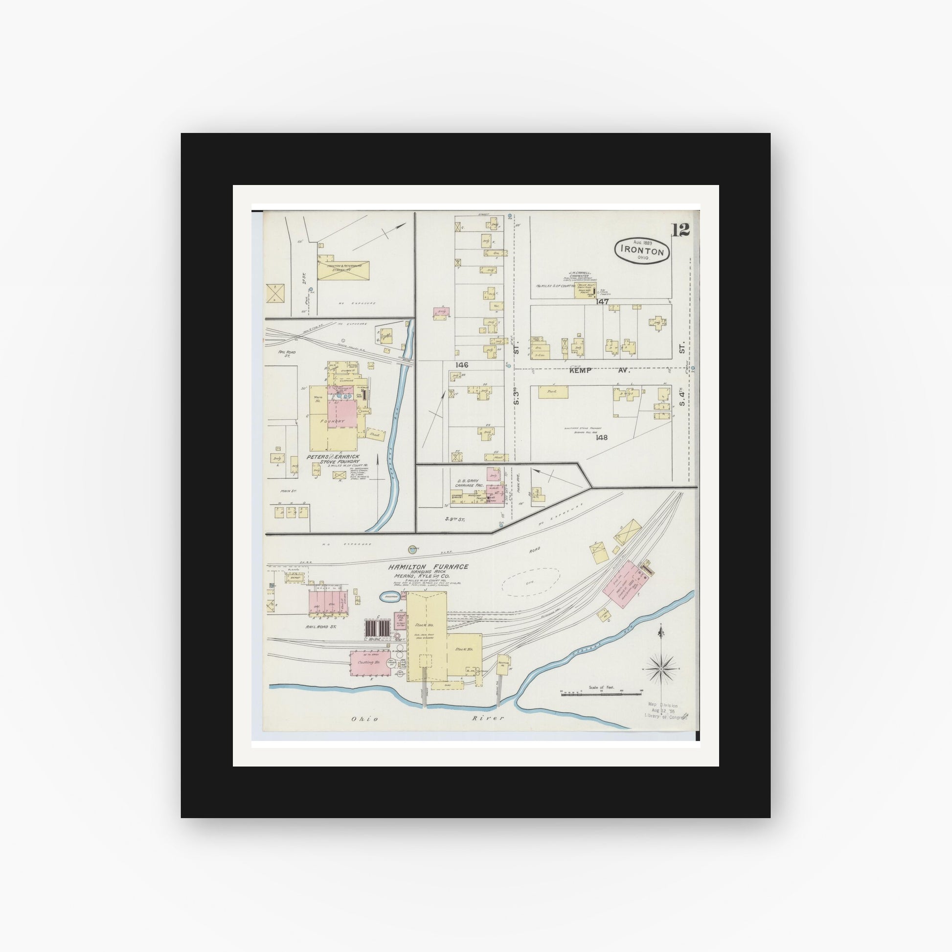 Old map wall art mockup — black gallery frame with white mat — Sanborn Fire Insurance Map from Ironton, Lawrence County, Ohio (1889), Sheet #0012
