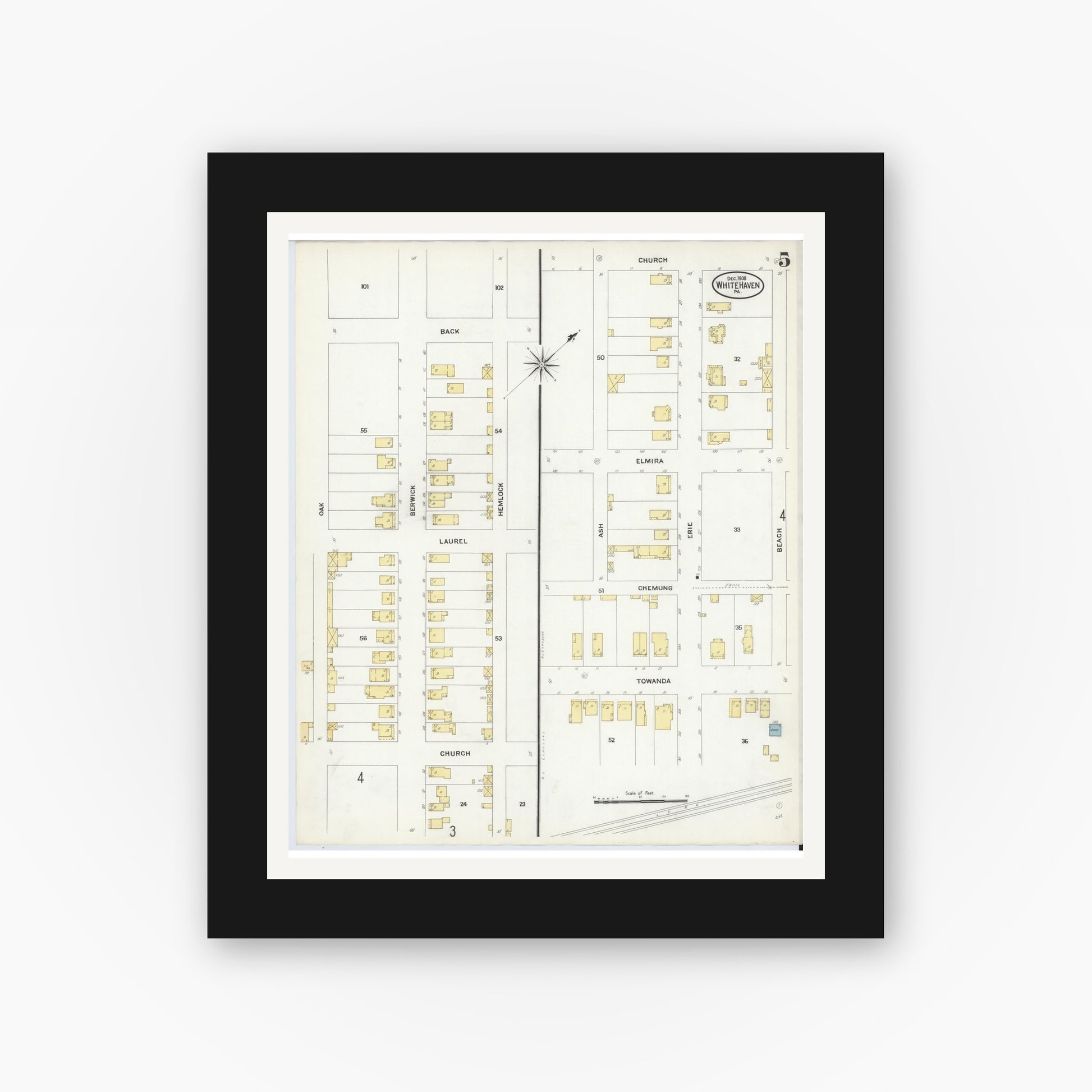 Old map wall art mockup — black gallery frame with white mat — Sanborn Fire Insurance Map from White Haven, Luzerne County, Pennsylvania (1908), Sheet #0005