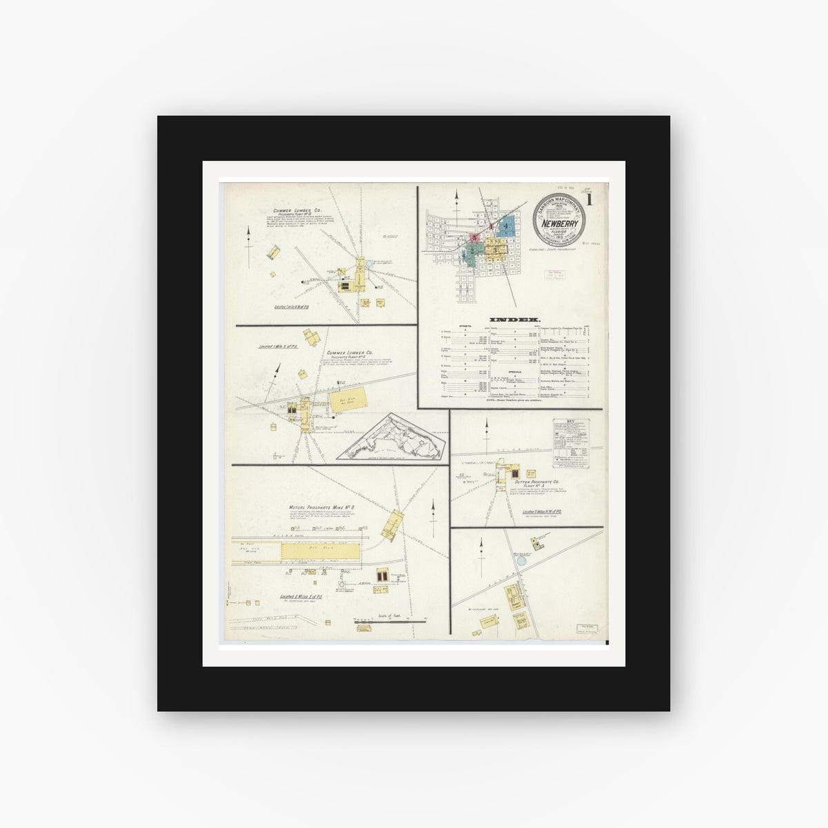 Old map wall art mockup — black gallery frame with white mat — Sanborn Fire Insurance Map from Newberry, Alachua County, Florida (1913) - Complete Map Set