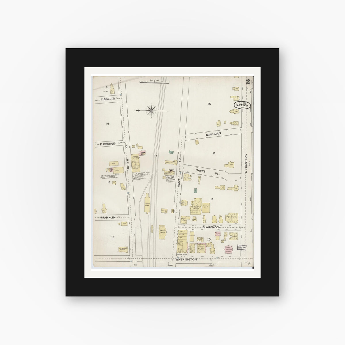 Old map wall art mockup — black gallery frame with white mat — Sanborn Fire Insurance Map from Natick, Middlesex County, Massachusetts (1888), Sheet #0002