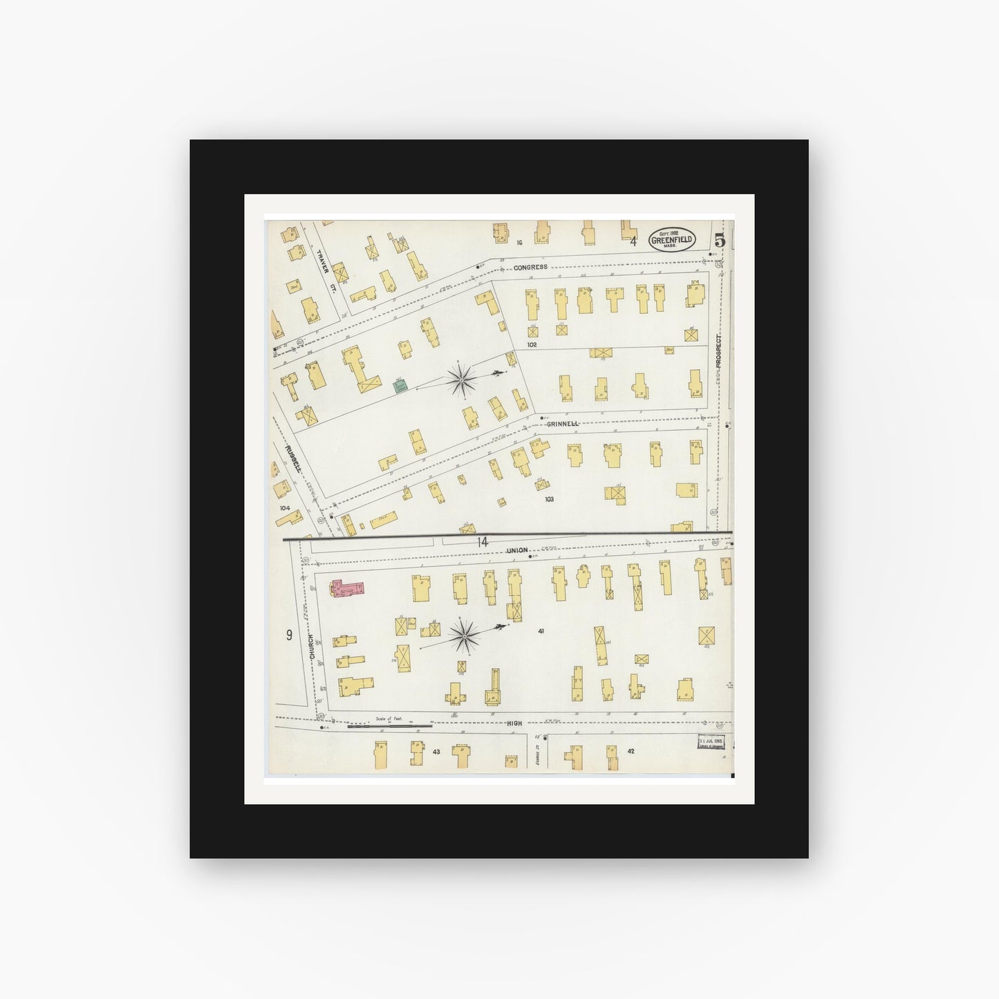 Old map wall art mockup — black gallery frame with white mat — Sanborn Fire Insurance Map from Greenfield, Franklin County, Massachusetts (1902), Sheet #0005