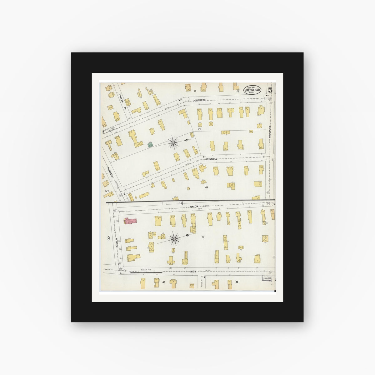 Old map wall art mockup — black gallery frame with white mat — Sanborn Fire Insurance Map from Greenfield, Franklin County, Massachusetts (1902), Sheet #0005