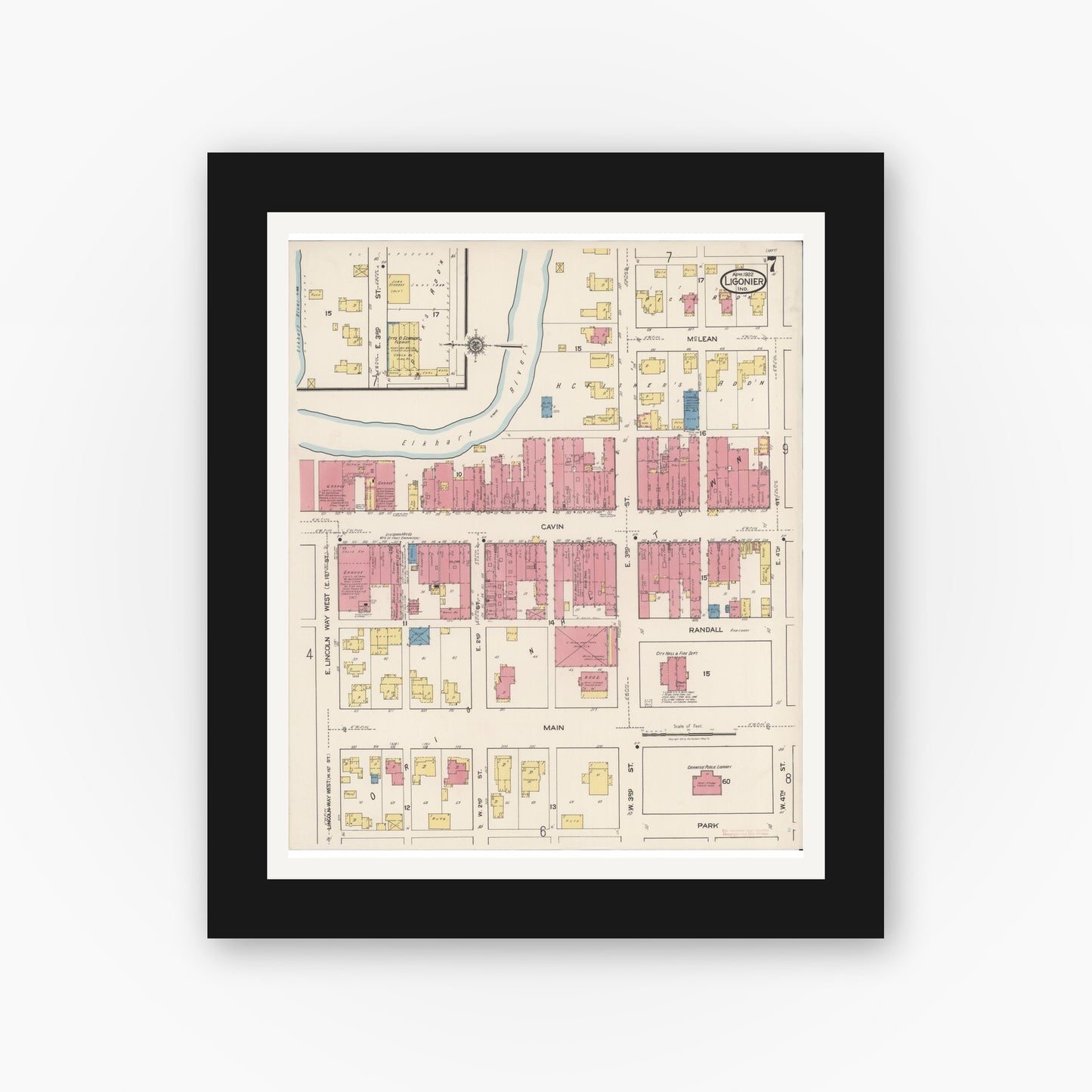 Old map wall art mockup — black gallery frame with white mat — Sanborn Fire Insurance Map from Ligonier, Noble County, Indiana (1922), Sheet #0007