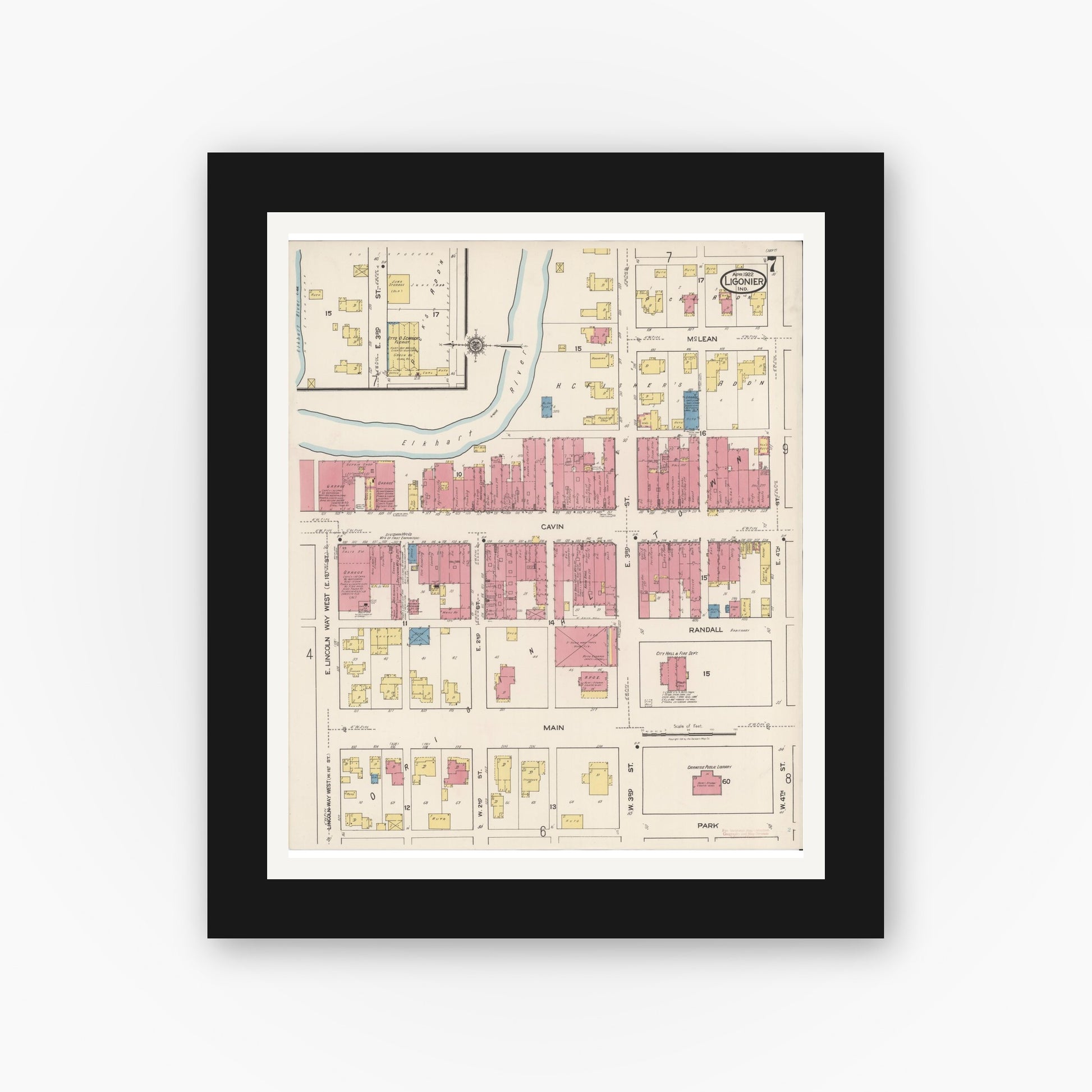 Old map wall art mockup — black gallery frame with white mat — Sanborn Fire Insurance Map from Ligonier, Noble County, Indiana (1922), Sheet #0007