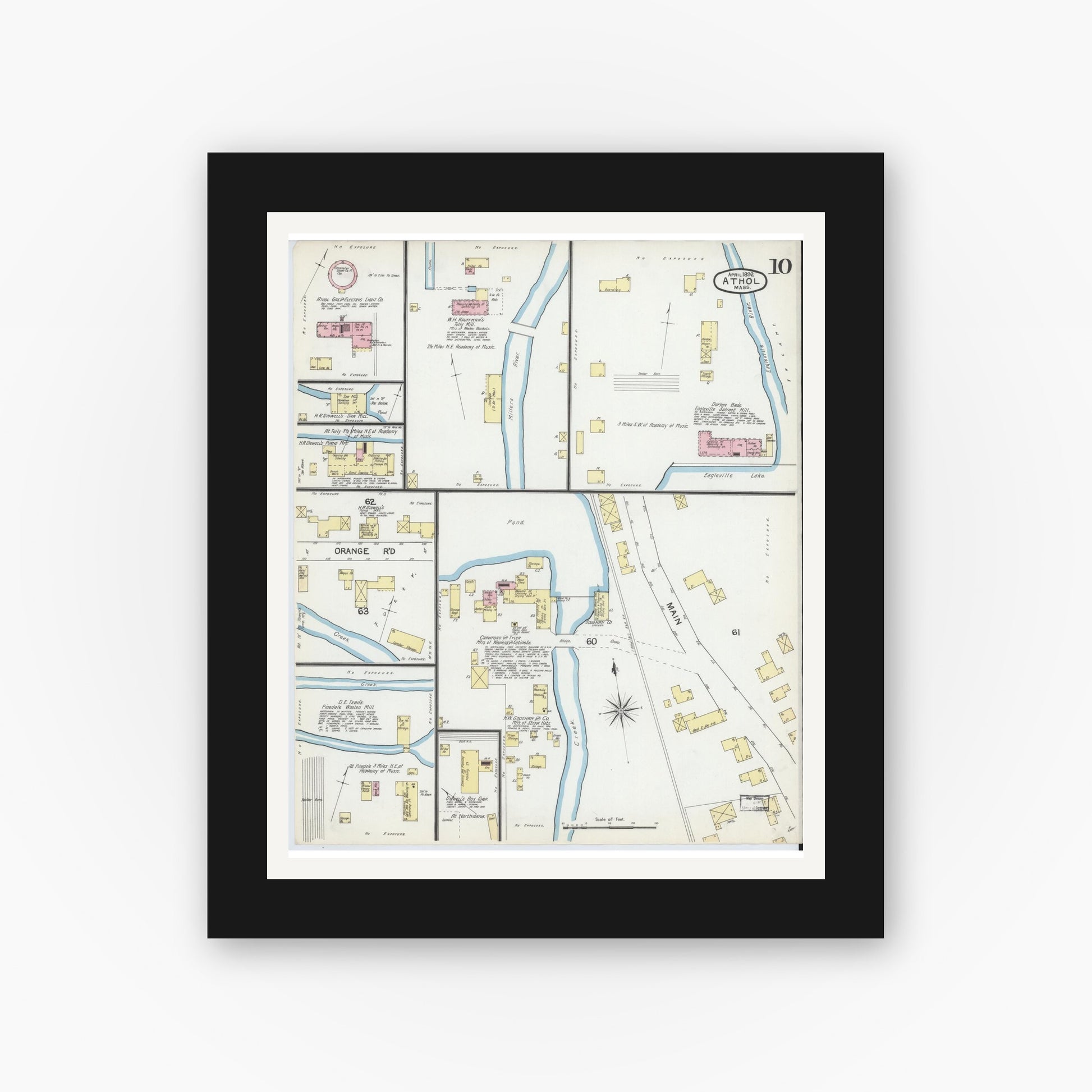 Old map wall art mockup — black gallery frame with white mat — Sanborn Fire Insurance Map from Athol, Worcester County, Massachusetts (1892), Sheet #0010