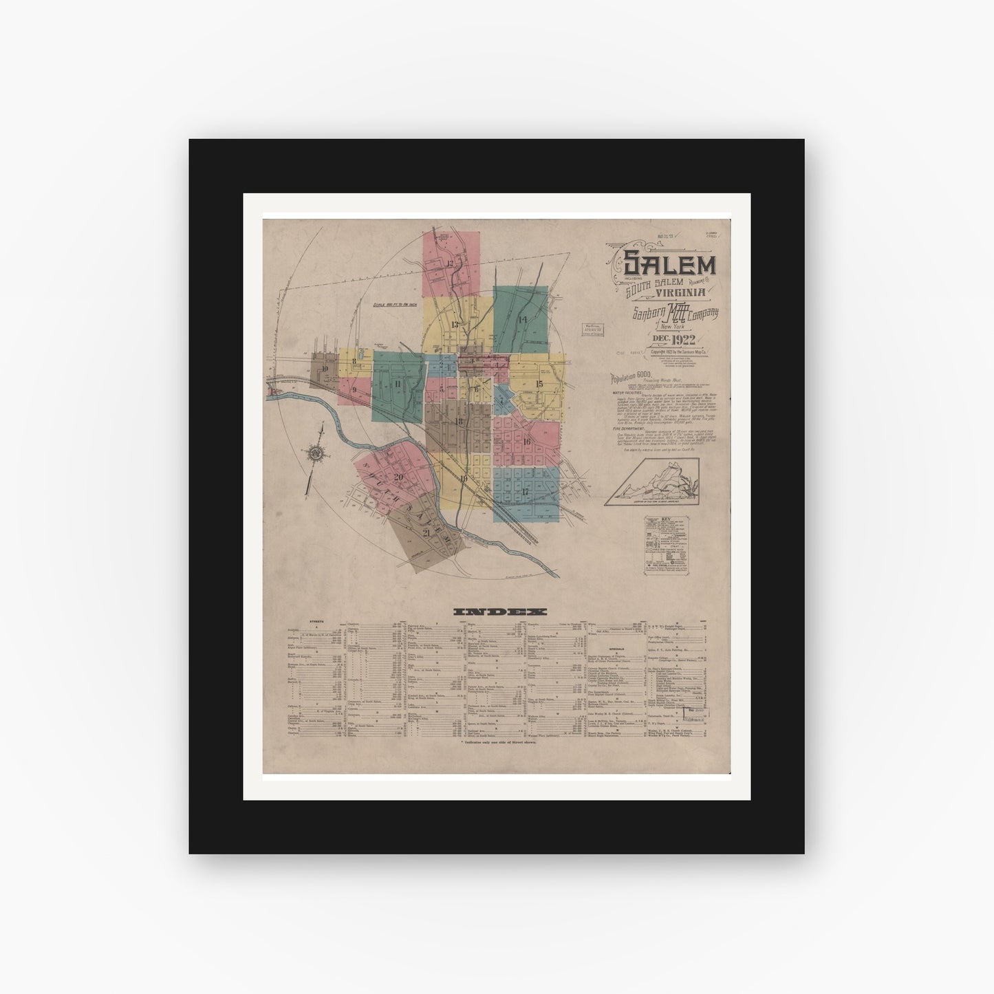 Old map wall art mockup — black gallery frame with white mat — Sanborn Fire Insurance Map from Salem, Independent Cities, Virginia (1922), Sheet #0001