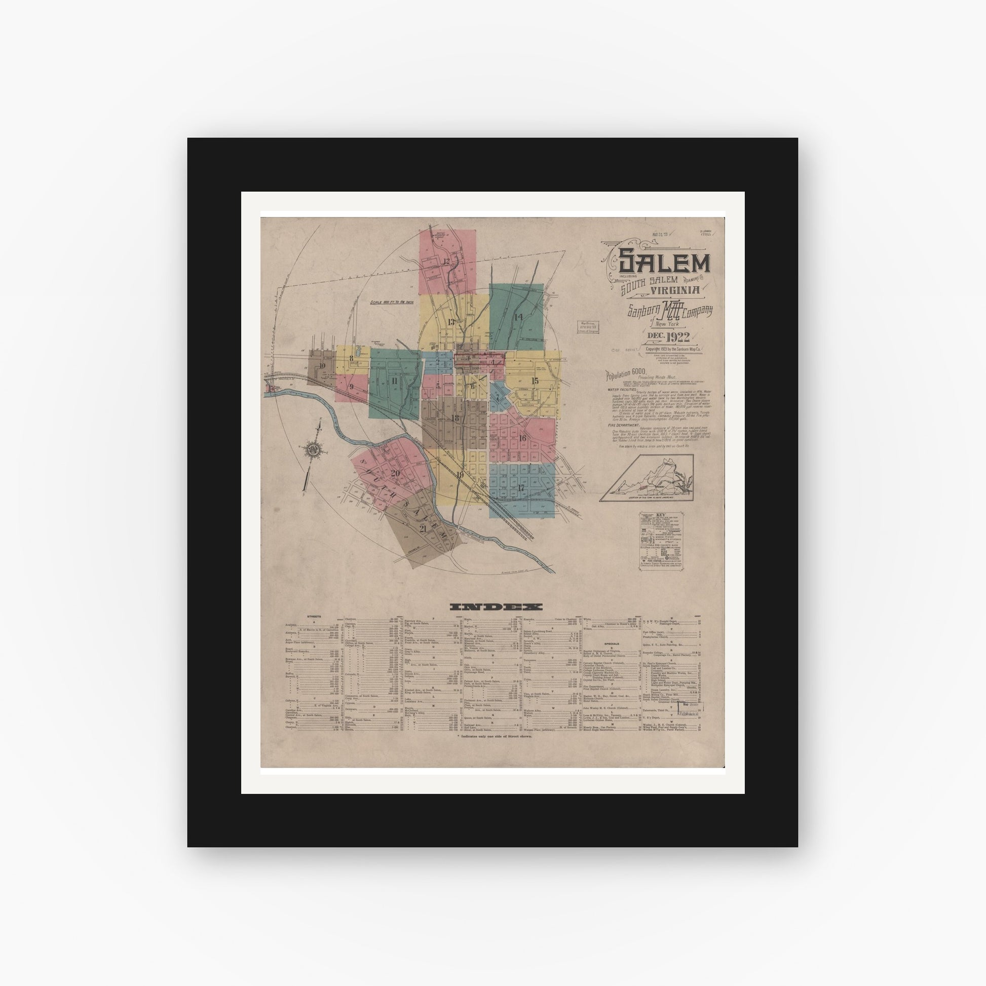 Old map wall art mockup — black gallery frame with white mat — Sanborn Fire Insurance Map from Salem, Independent Cities, Virginia (1922), Sheet #0001