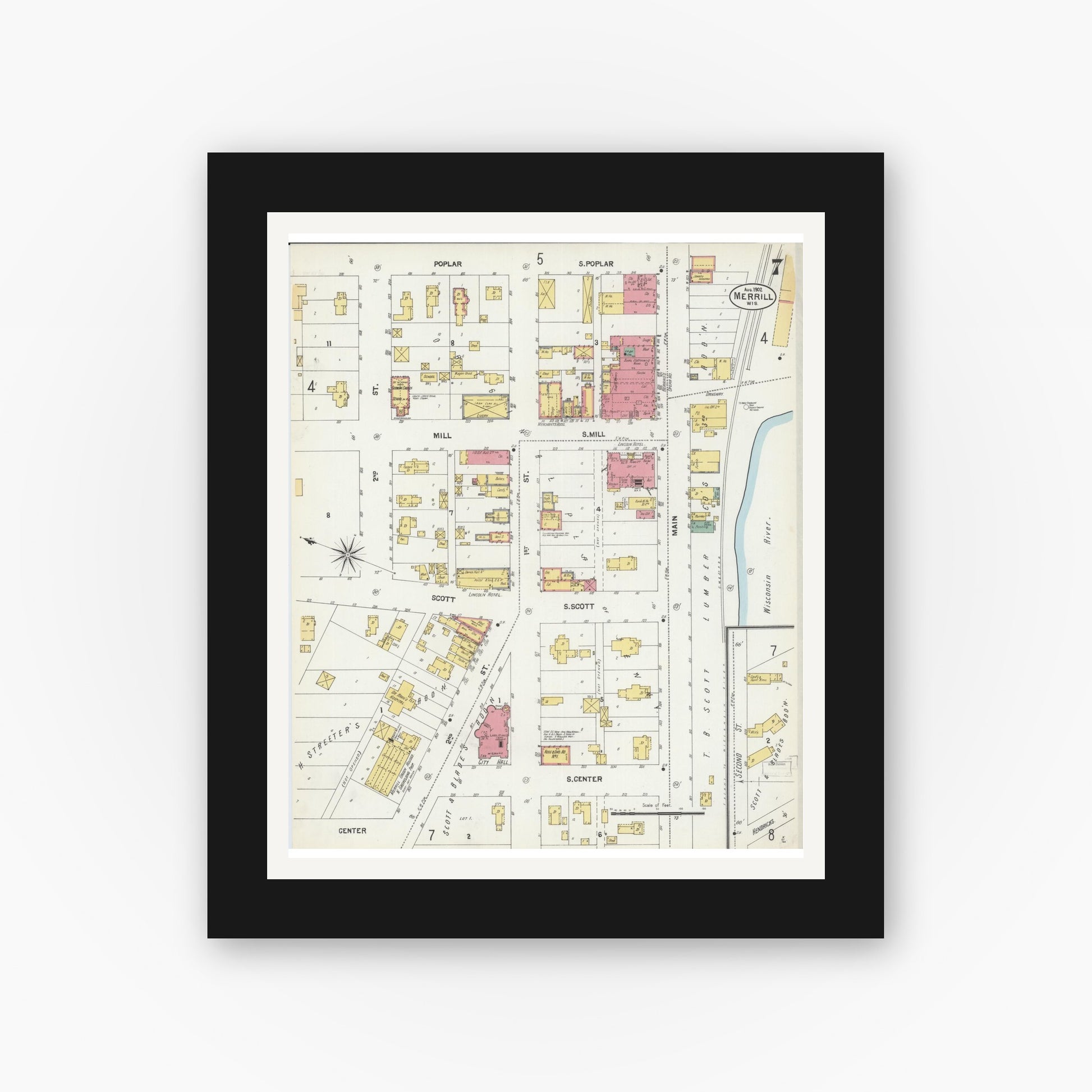 Old map wall art mockup — black gallery frame with white mat — Sanborn Fire Insurance Map from Merrill, Lincoln County, Wisconsin (1902), Sheet #0007