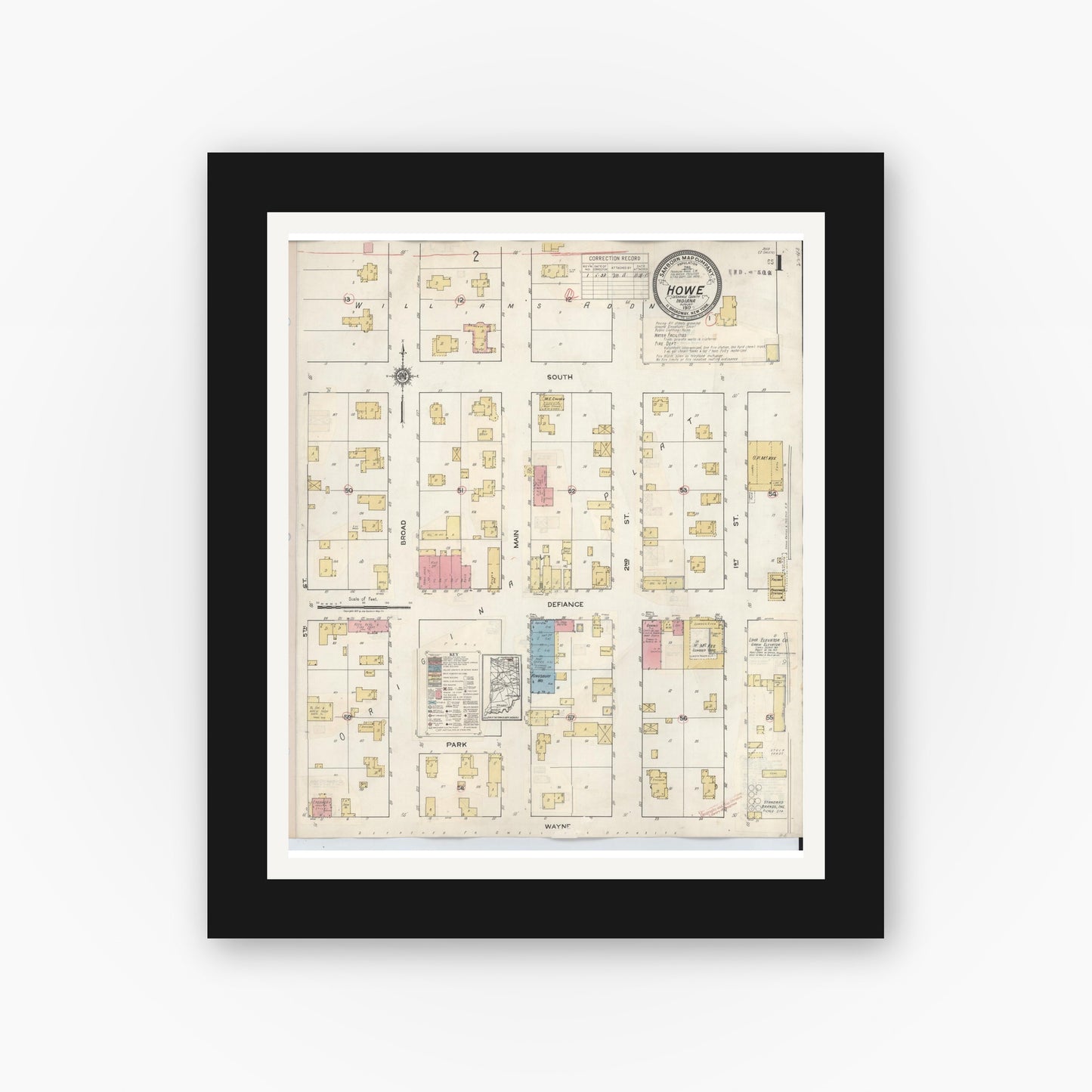 Old map wall art mockup — black gallery frame with white mat — Sanborn Fire Insurance Map from Howe, LaGrange County, Indiana (1933), Sheet #0001
