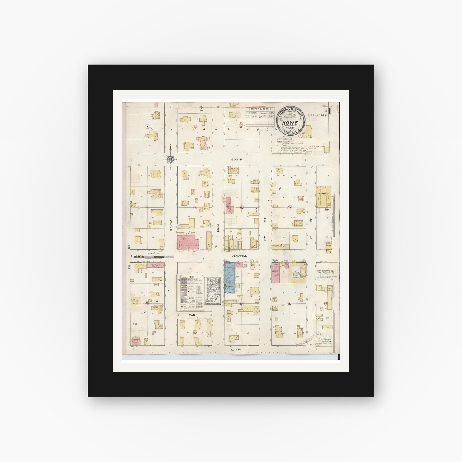 Old map wall art mockup — black gallery frame with white mat — Sanborn Fire Insurance Map from Howe, LaGrange County, Indiana (1933), Sheet #0001