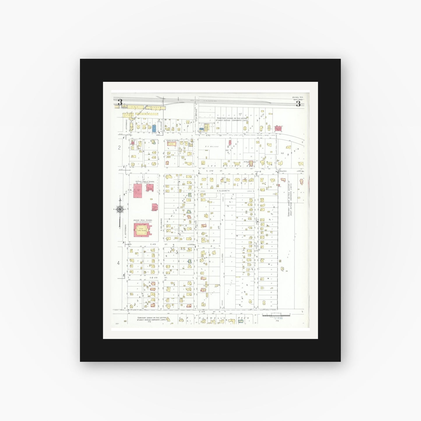 Old map wall art mockup — black gallery frame with white mat — Sanborn Fire Insurance Map from Irving, Dallas County, Texas (1942), Sheet #0003