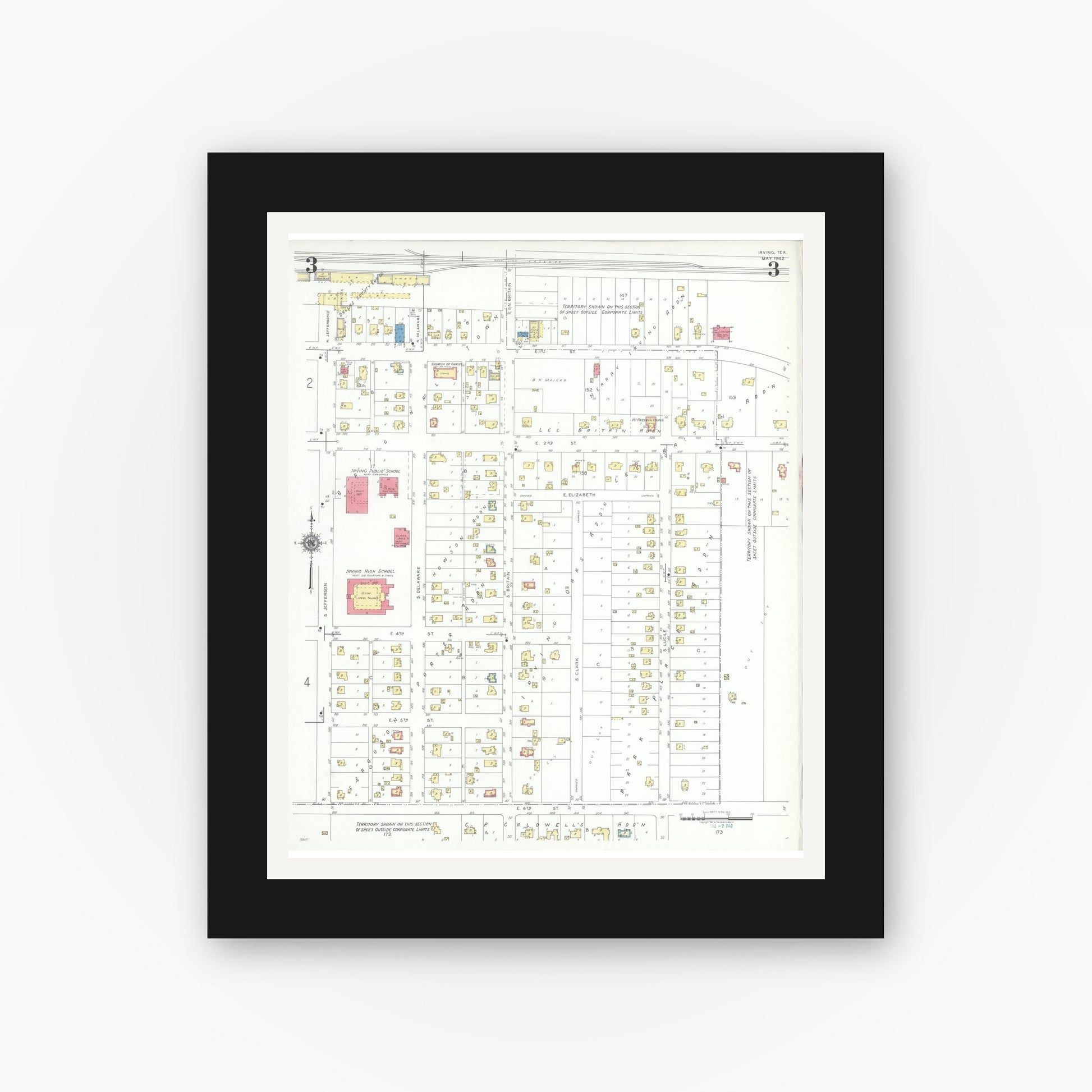 Old map wall art mockup — black gallery frame with white mat — Sanborn Fire Insurance Map from Irving, Dallas County, Texas (1942), Sheet #0003