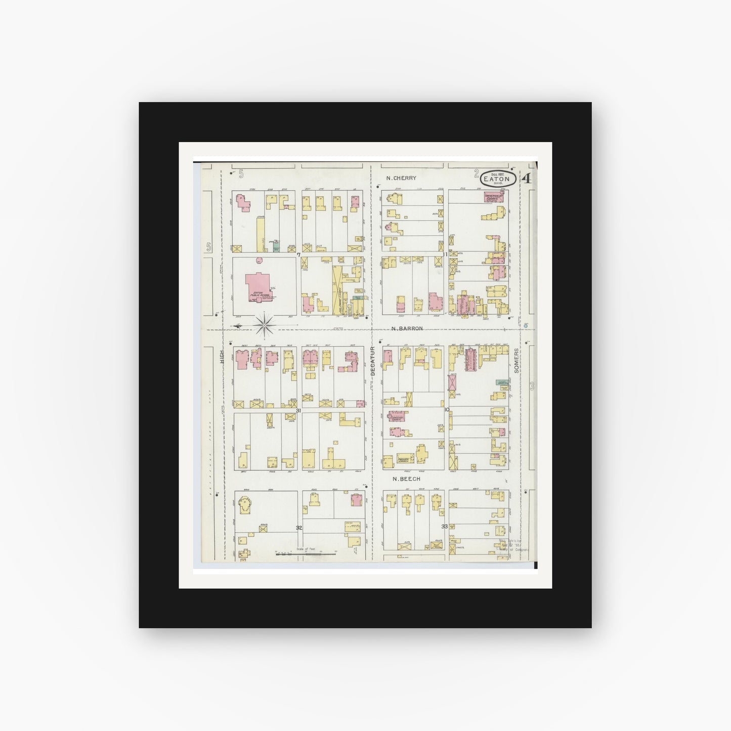 Old map wall art mockup — black gallery frame with white mat — Sanborn Fire Insurance Map from Eaton, Preble County, Ohio (1892), Sheet #0004