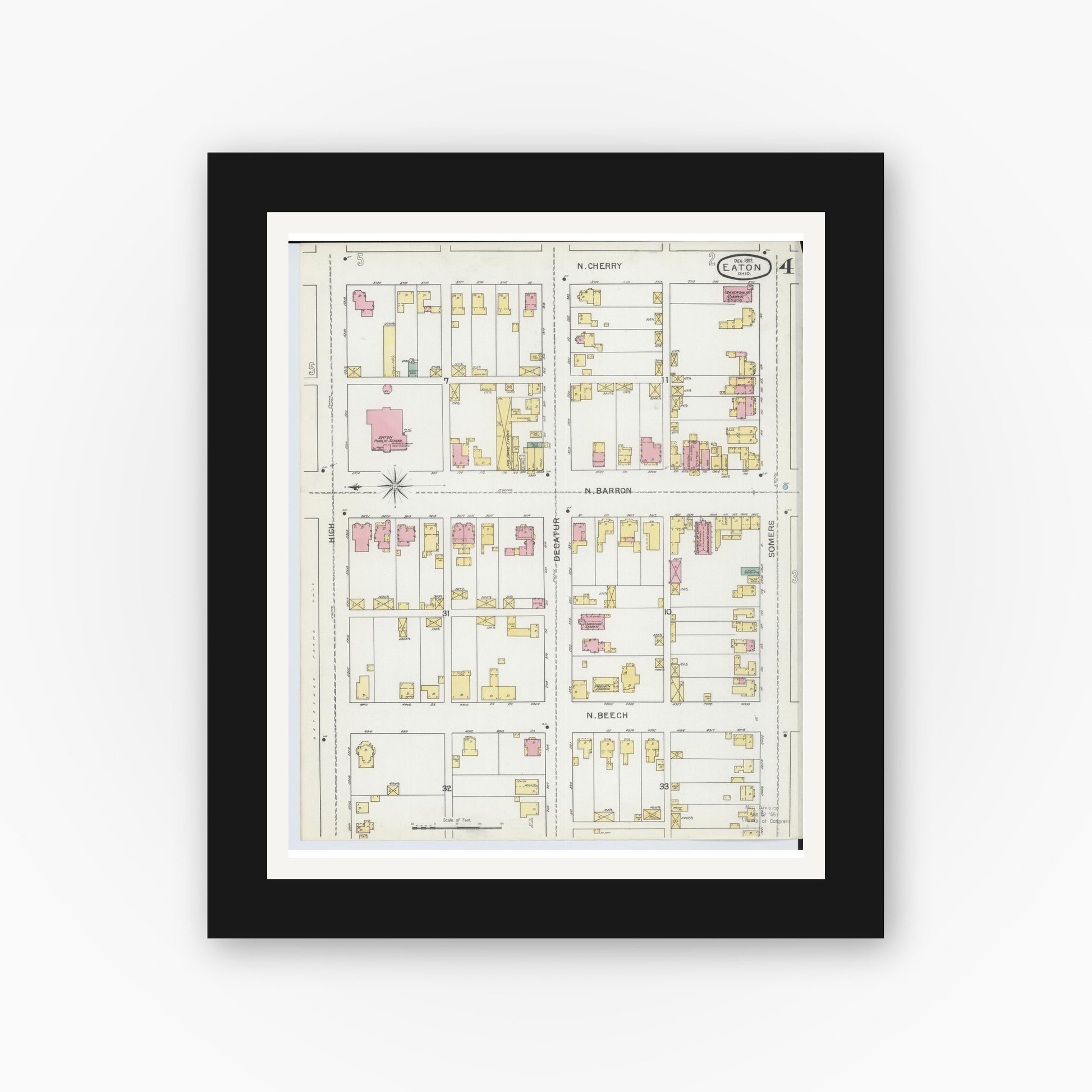 Old map wall art mockup — black gallery frame with white mat — Sanborn Fire Insurance Map from Eaton, Preble County, Ohio (1892), Sheet #0004
