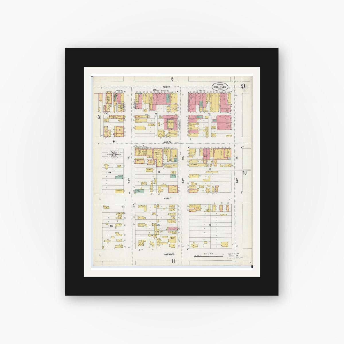 Old map wall art mockup — black gallery frame with white mat — Sanborn Fire Insurance Map from Brainerd, Crow Wing County, Minnesota (1902), Sheet #0009