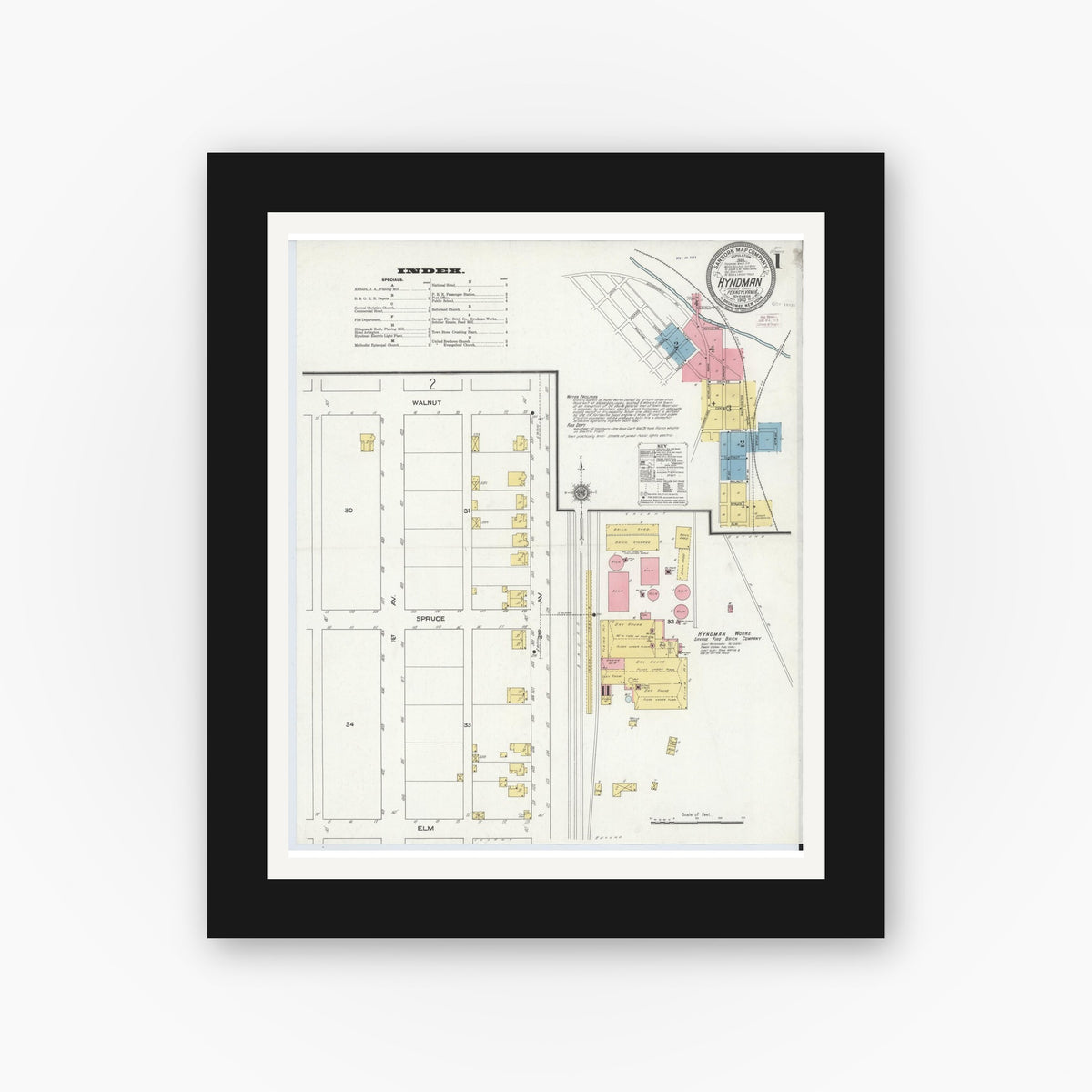Old map wall art mockup — black gallery frame with white mat — Sanborn Fire Insurance Map from Hyndman, Bedford County, Pennsylvania (1910) - Complete Map Set