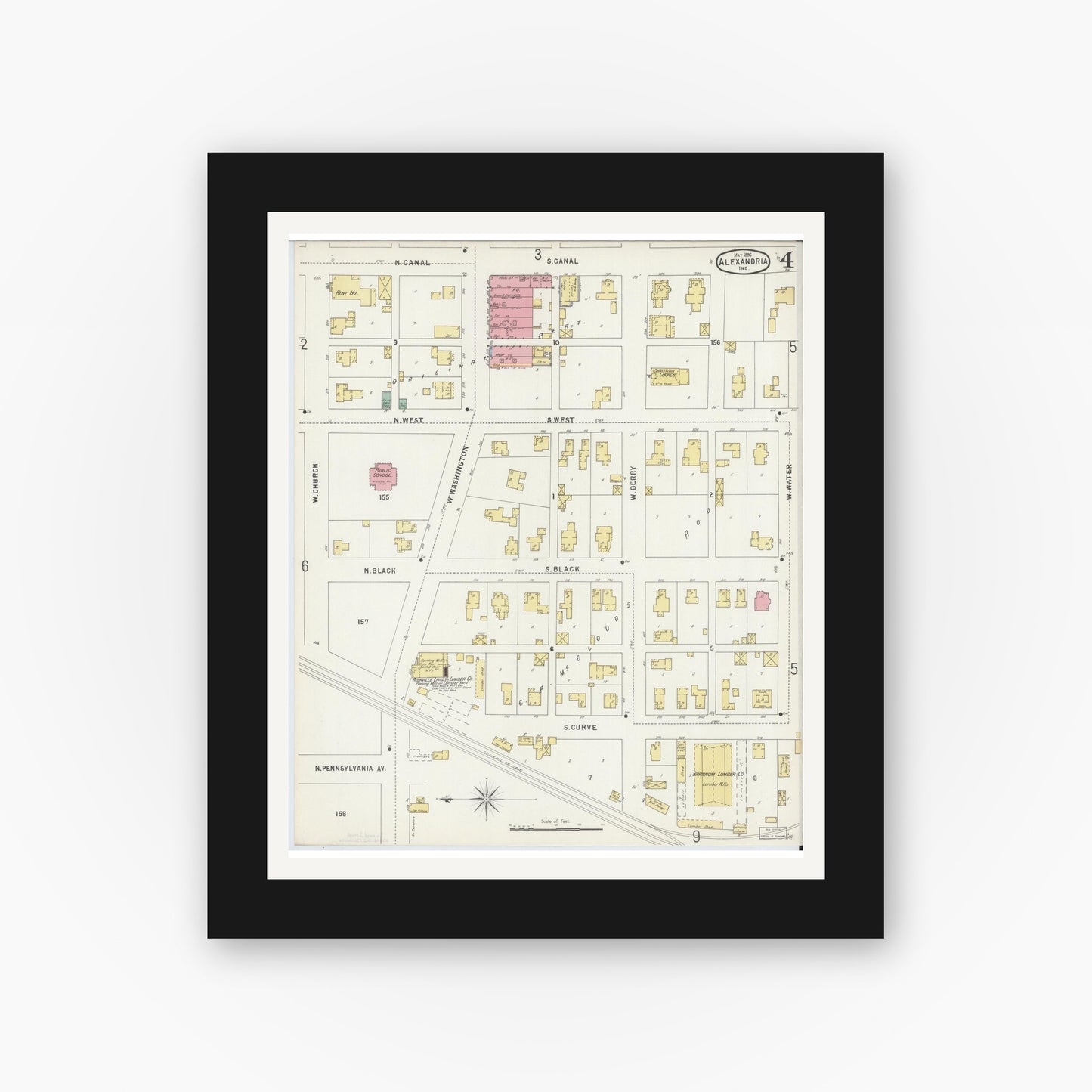 Old map wall art mockup — black gallery frame with white mat — Sanborn Fire Insurance Map from Alexandria, Madison County, Indiana (1896), Sheet #0004