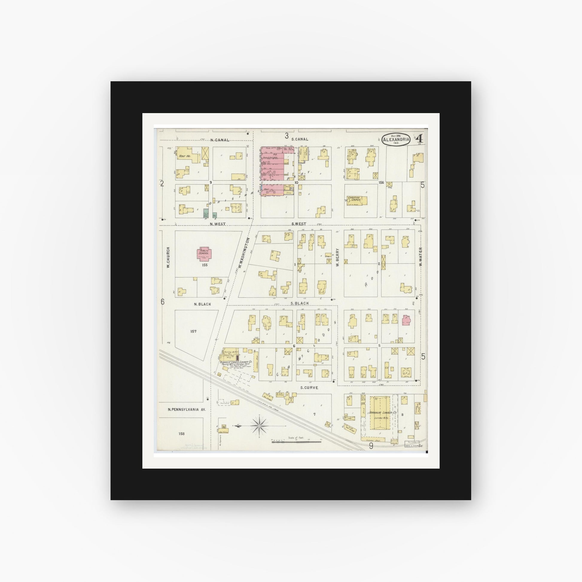 Old map wall art mockup — black gallery frame with white mat — Sanborn Fire Insurance Map from Alexandria, Madison County, Indiana (1896), Sheet #0004